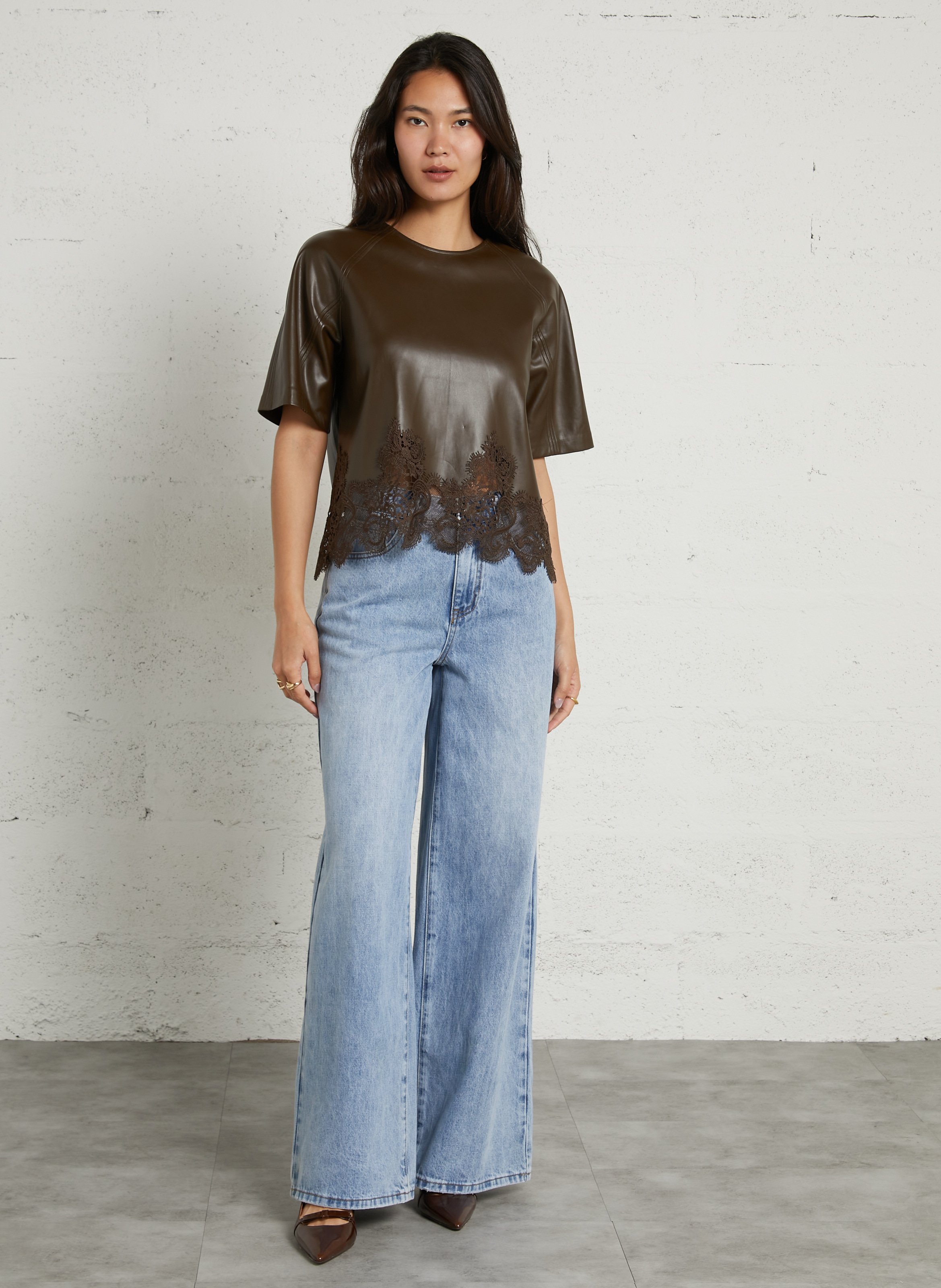 Top oversize col rond effet cuir SUNCOO Kaki