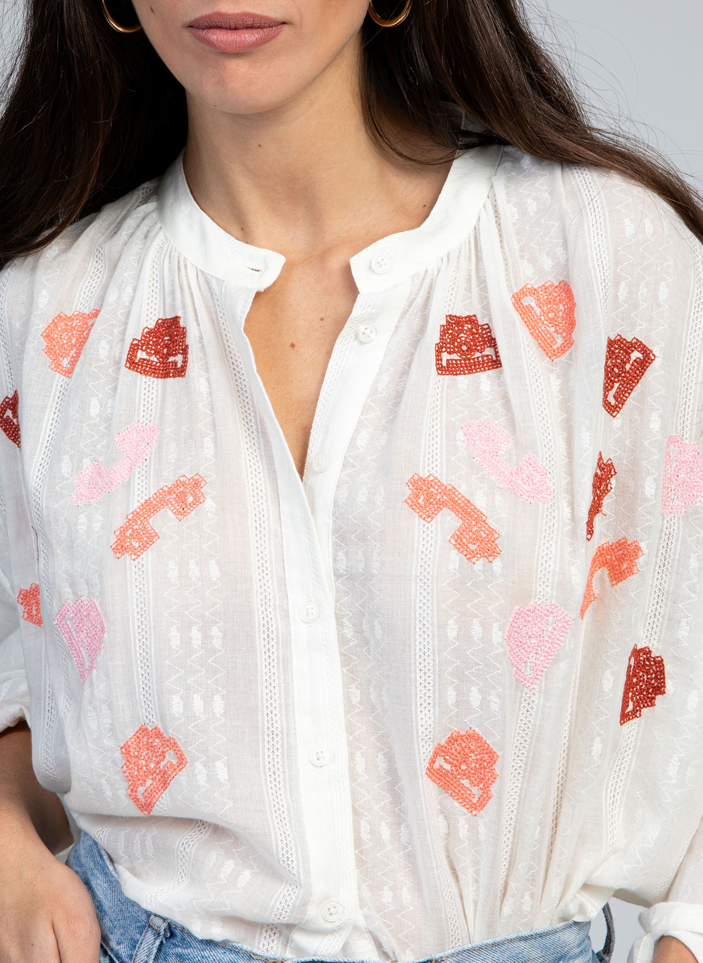 Gerade geschnittene Baumwollbluse mit Stickerei AN'GE Beige