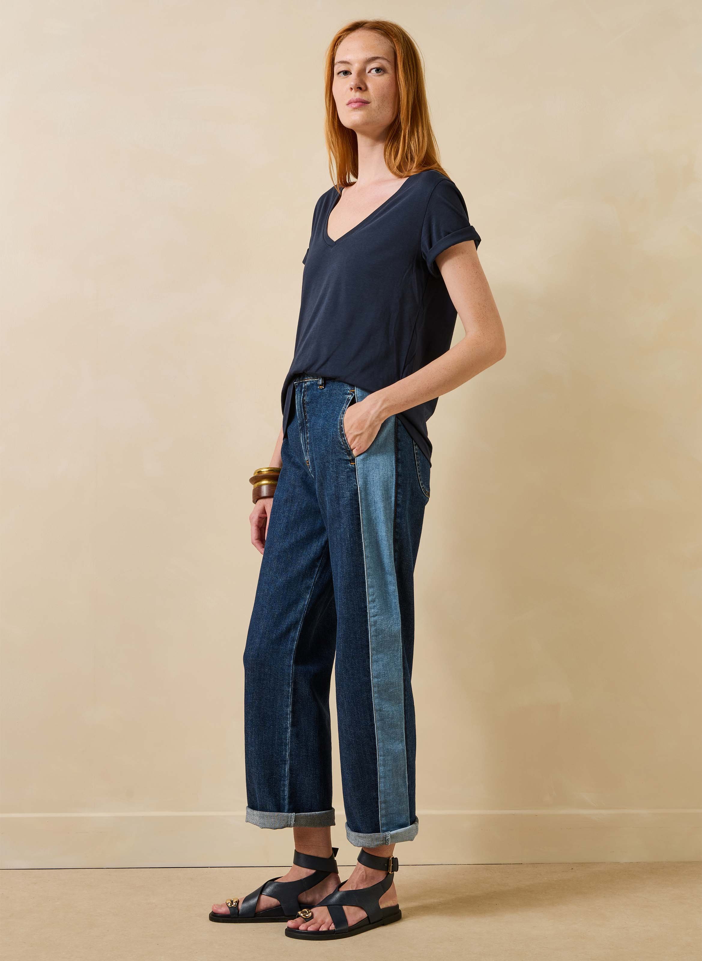Straight organic cotton V-neck T-shirt LA FEE MARABOUTEE Blue