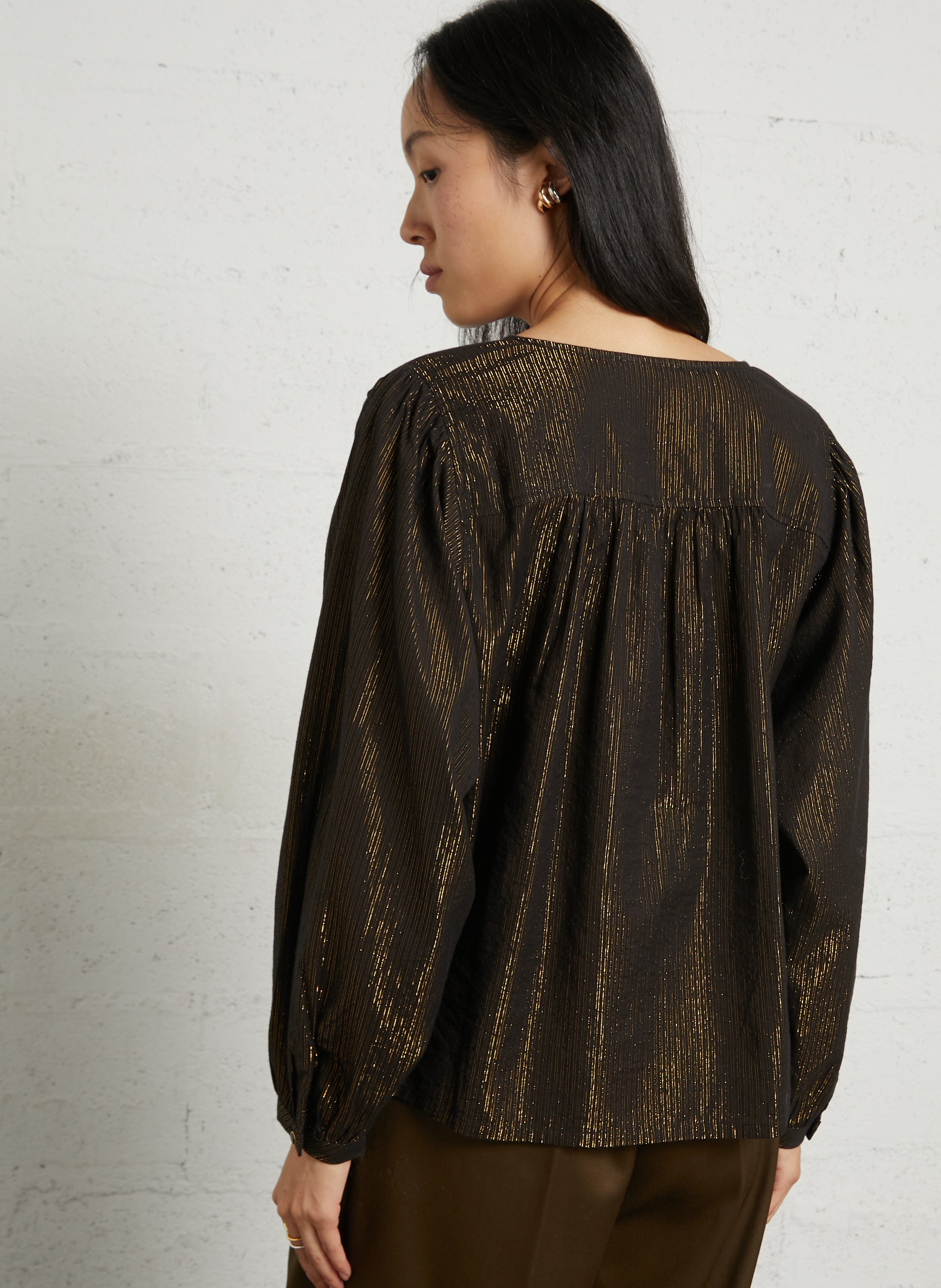 Striped iridescent cotton blend blouse LEON & HARPER Black