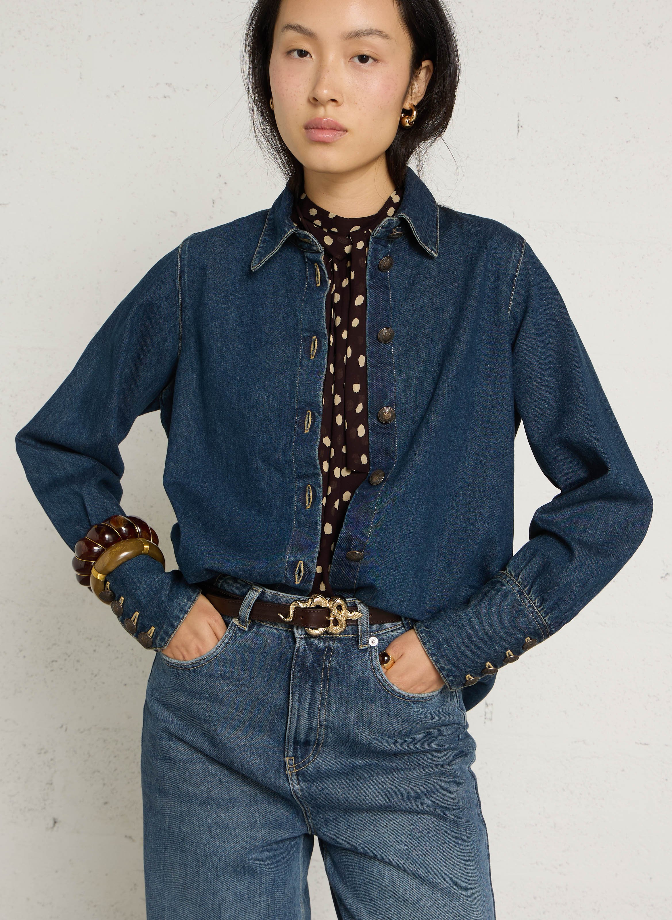 Chemise droite denim en coton IKKS Bleu