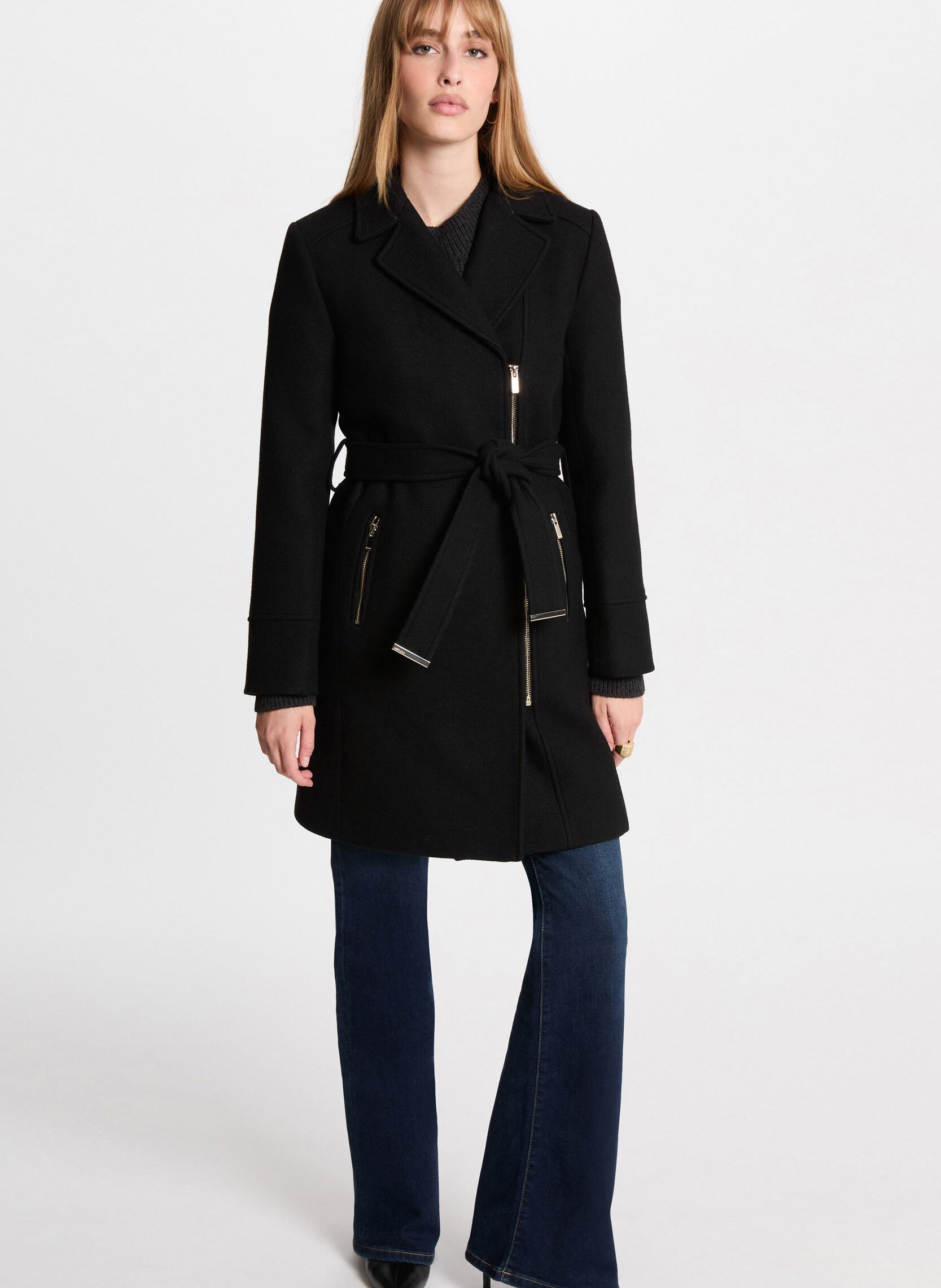 Effen, rechte, wollen jas met lange mouw MORGAN Zwart