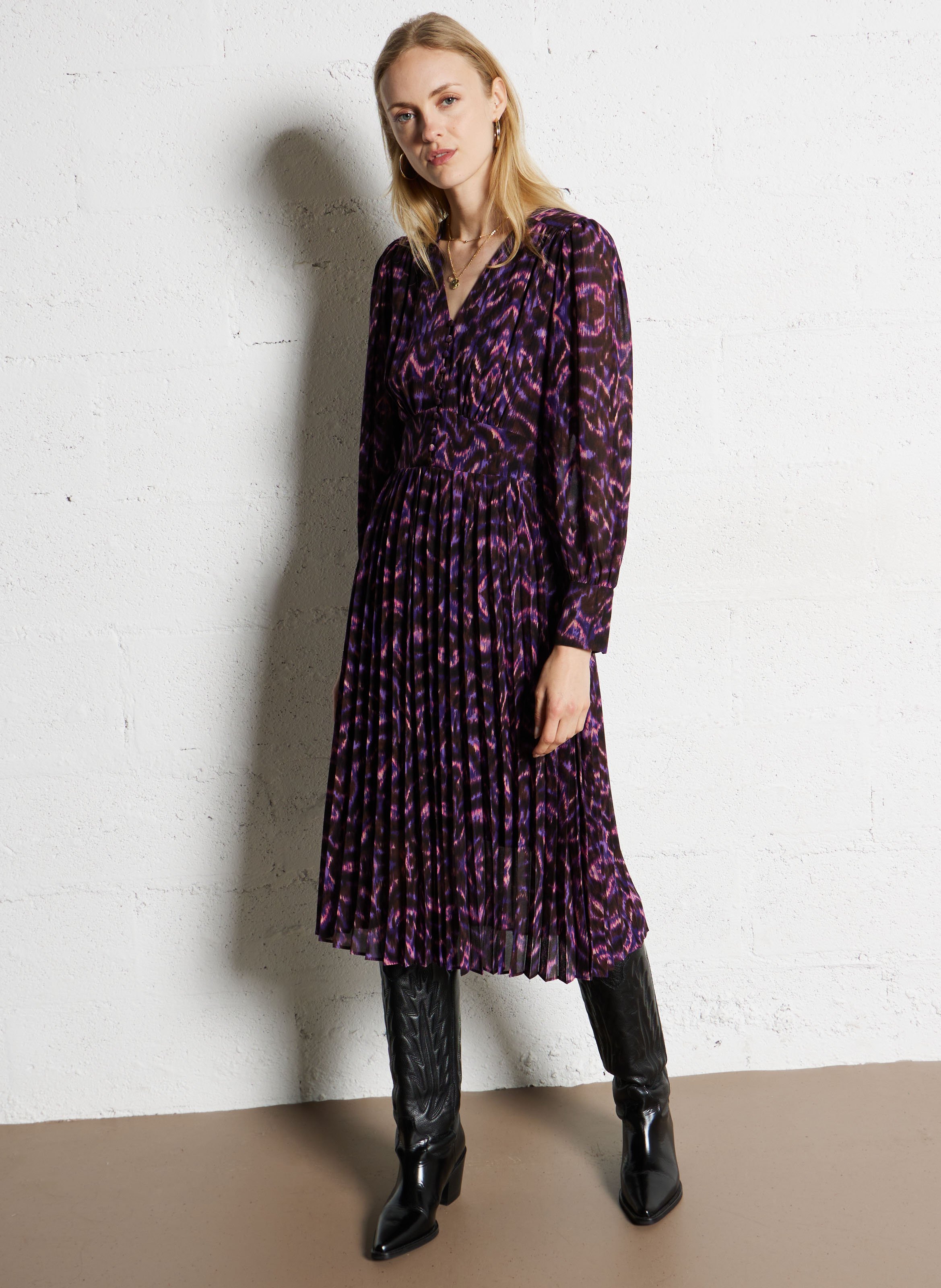 Pleated midi dress with patterns SUNCOO Purple