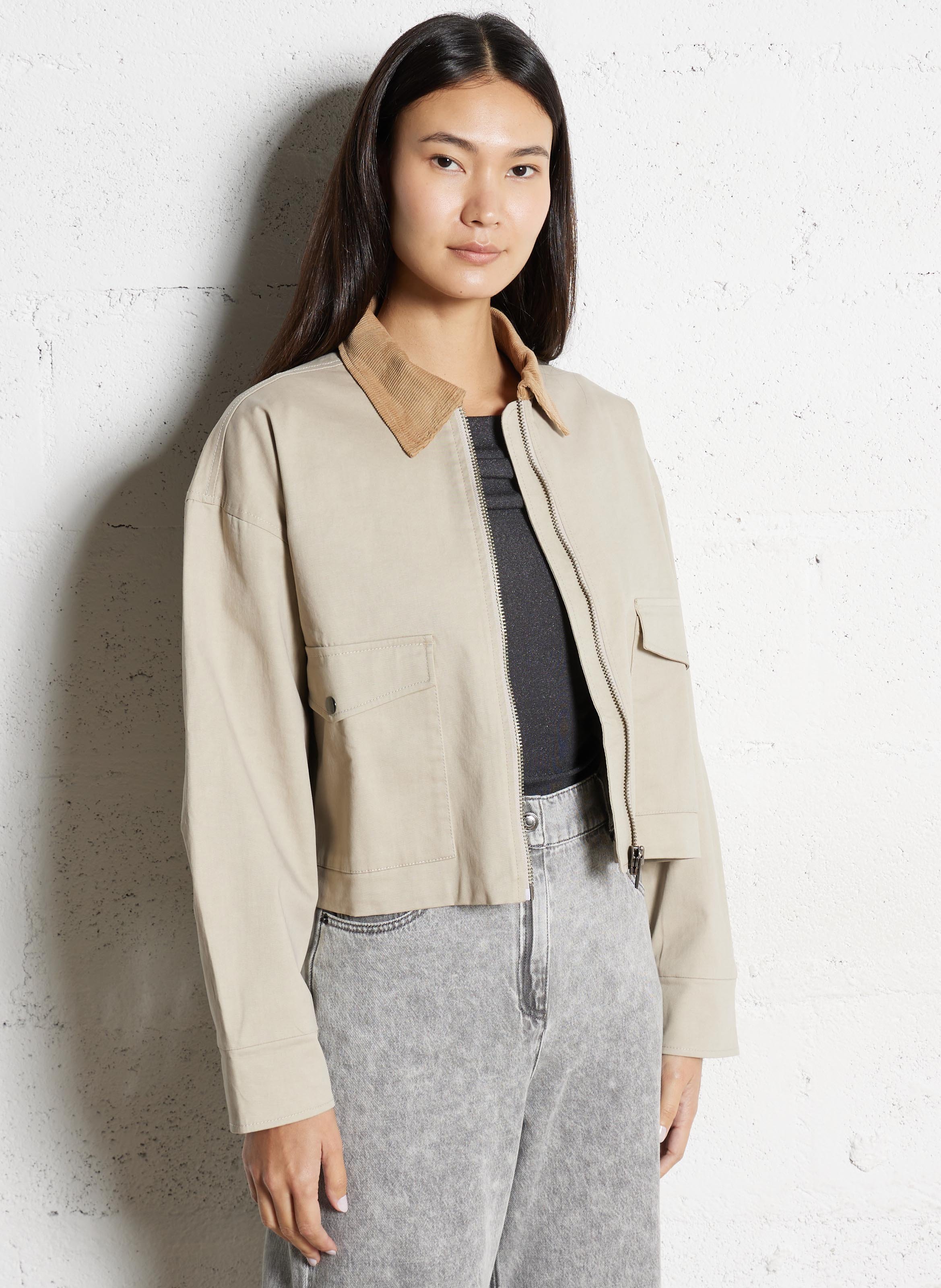 Oversize-Jacke aus Baumwoll-Mix mit klassischem Kragen IKKS Beige