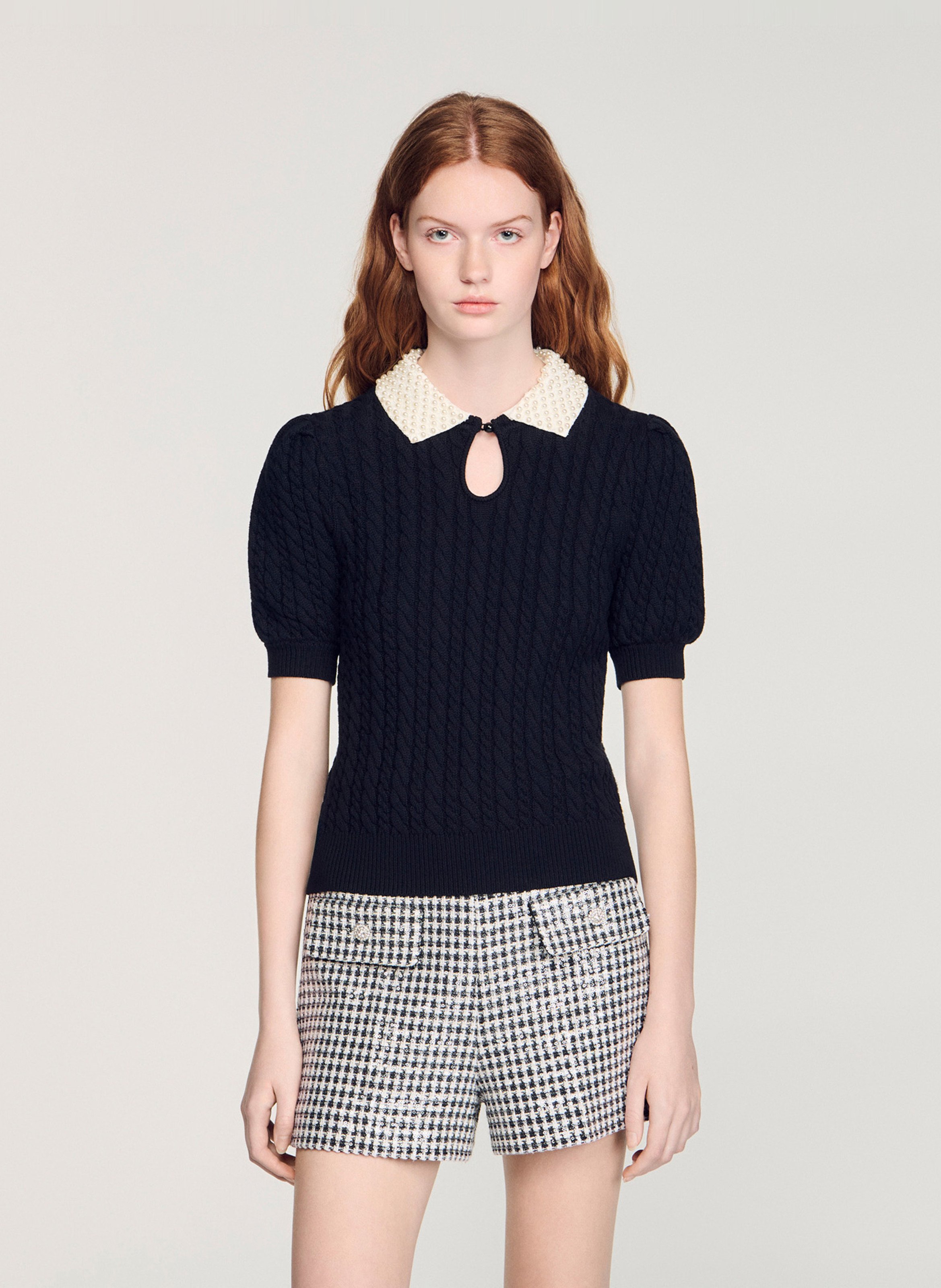 Pull col chemise en coton mélangé SANDRO Noir