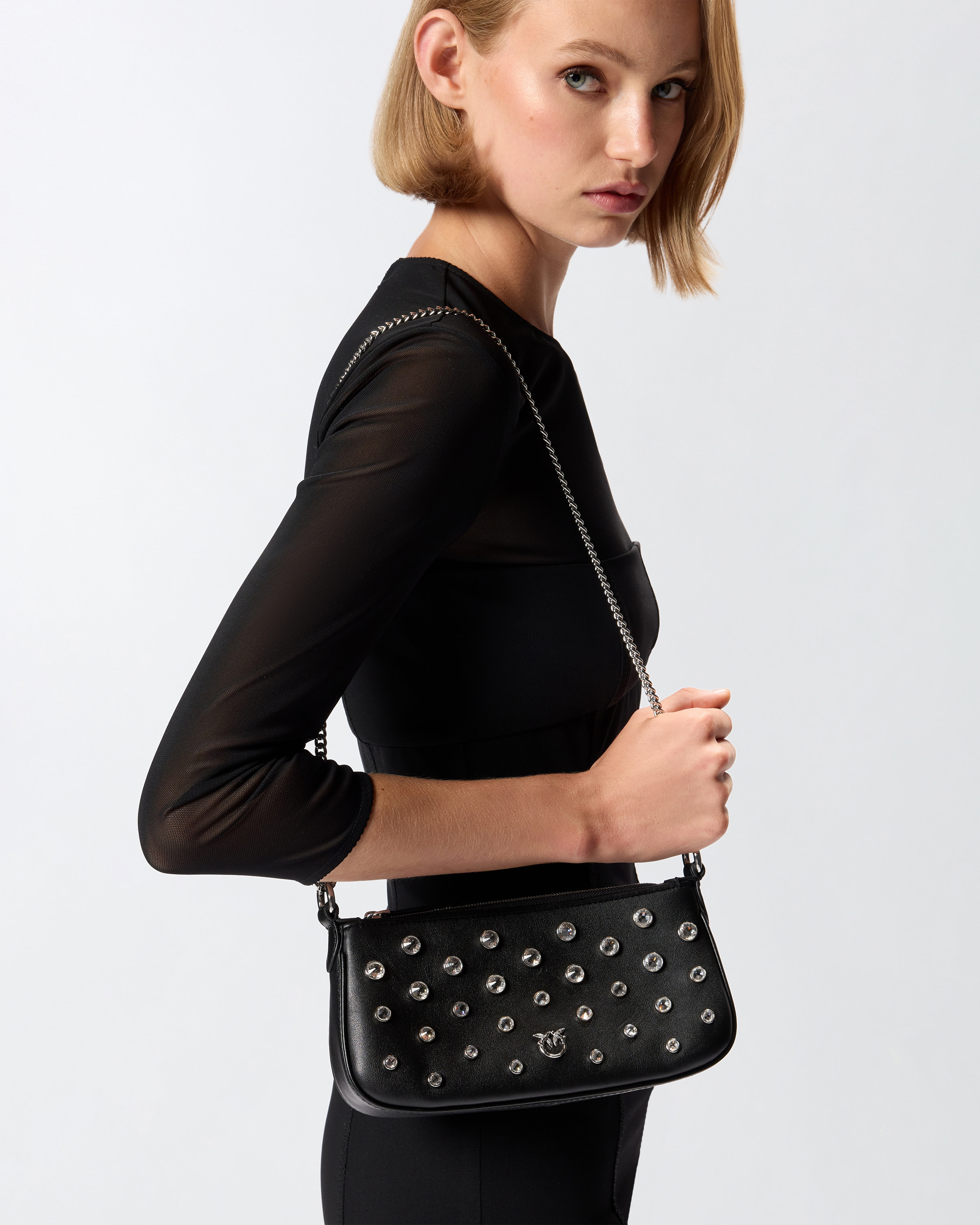 Small shoulder bag mini half moon in leather with rhinestones PINKO Black