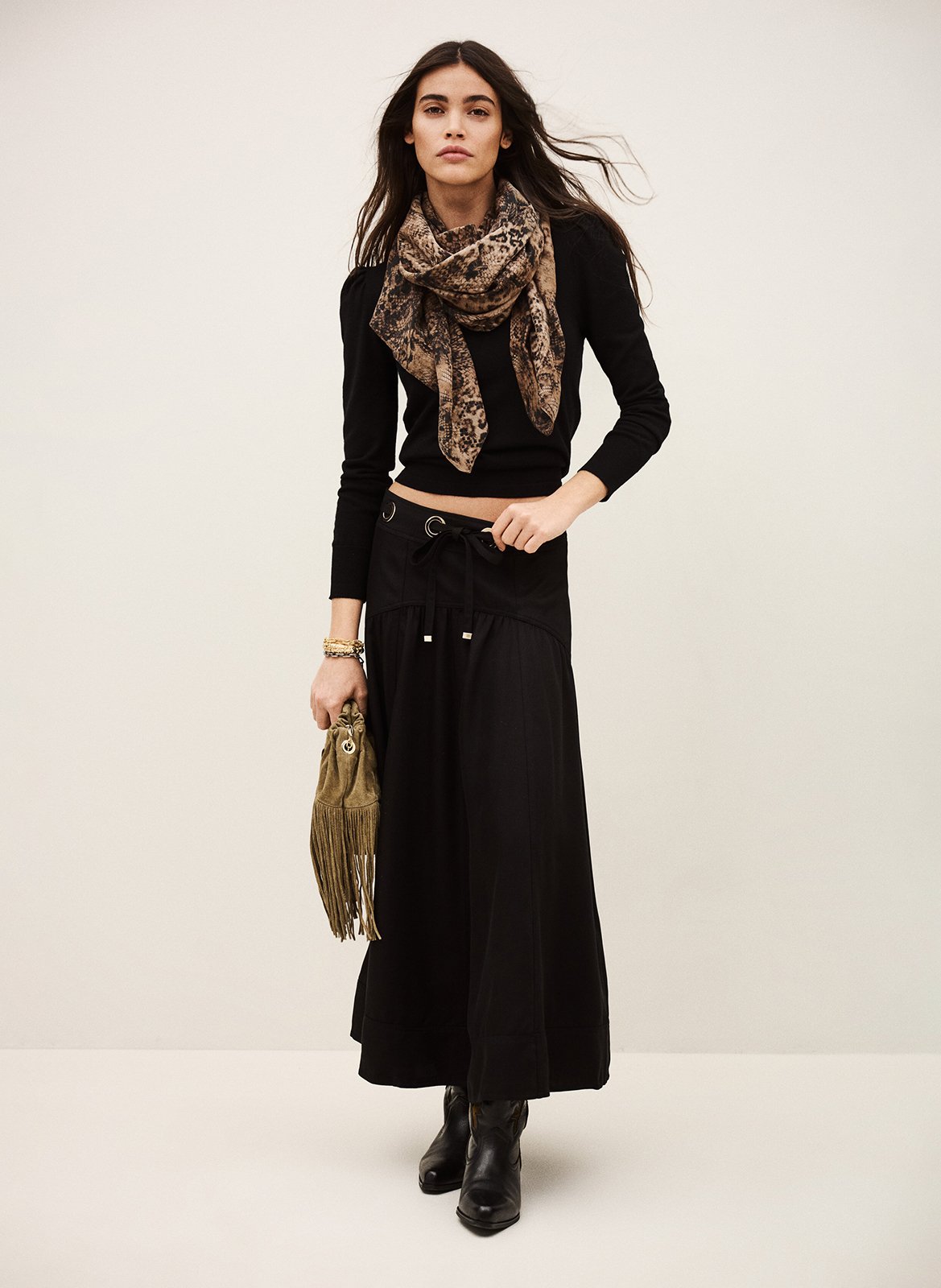 Jupe longue évasée unie à œillets BA&SH Noir