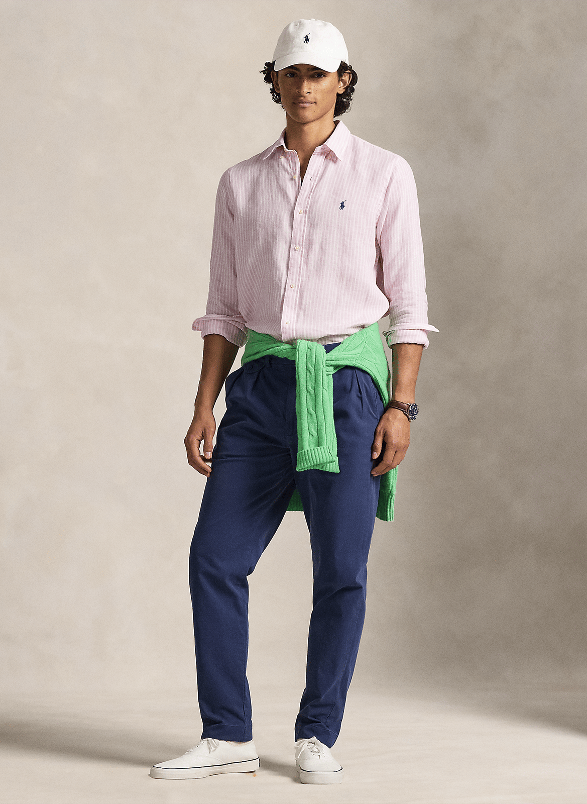 Camisa recta cuello clásico de lino a rayas POLO RALPH LAUREN Rosa