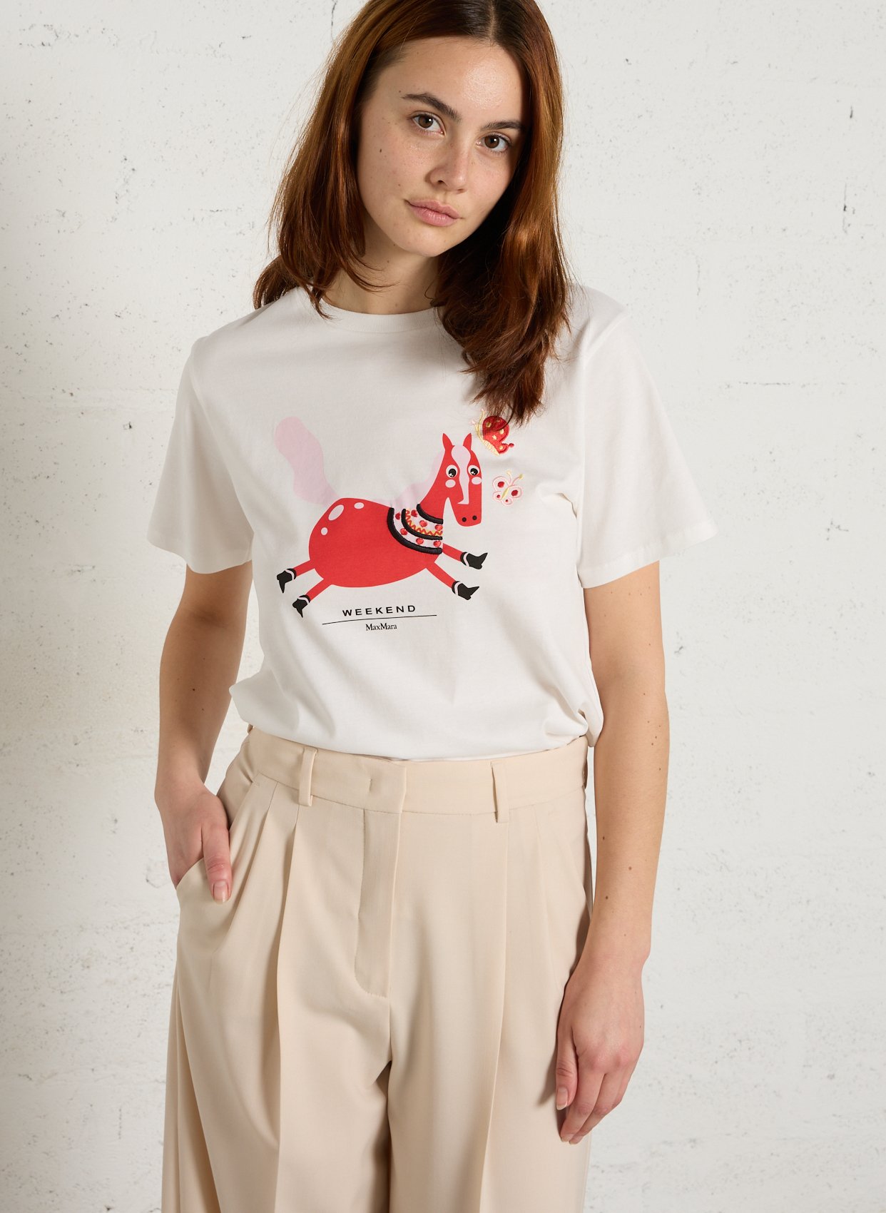 Gerade geschnittenes Rundhals-T-Shirt aus Baumwolle mit Siebdruck MAX MARA WEEK END Weiss