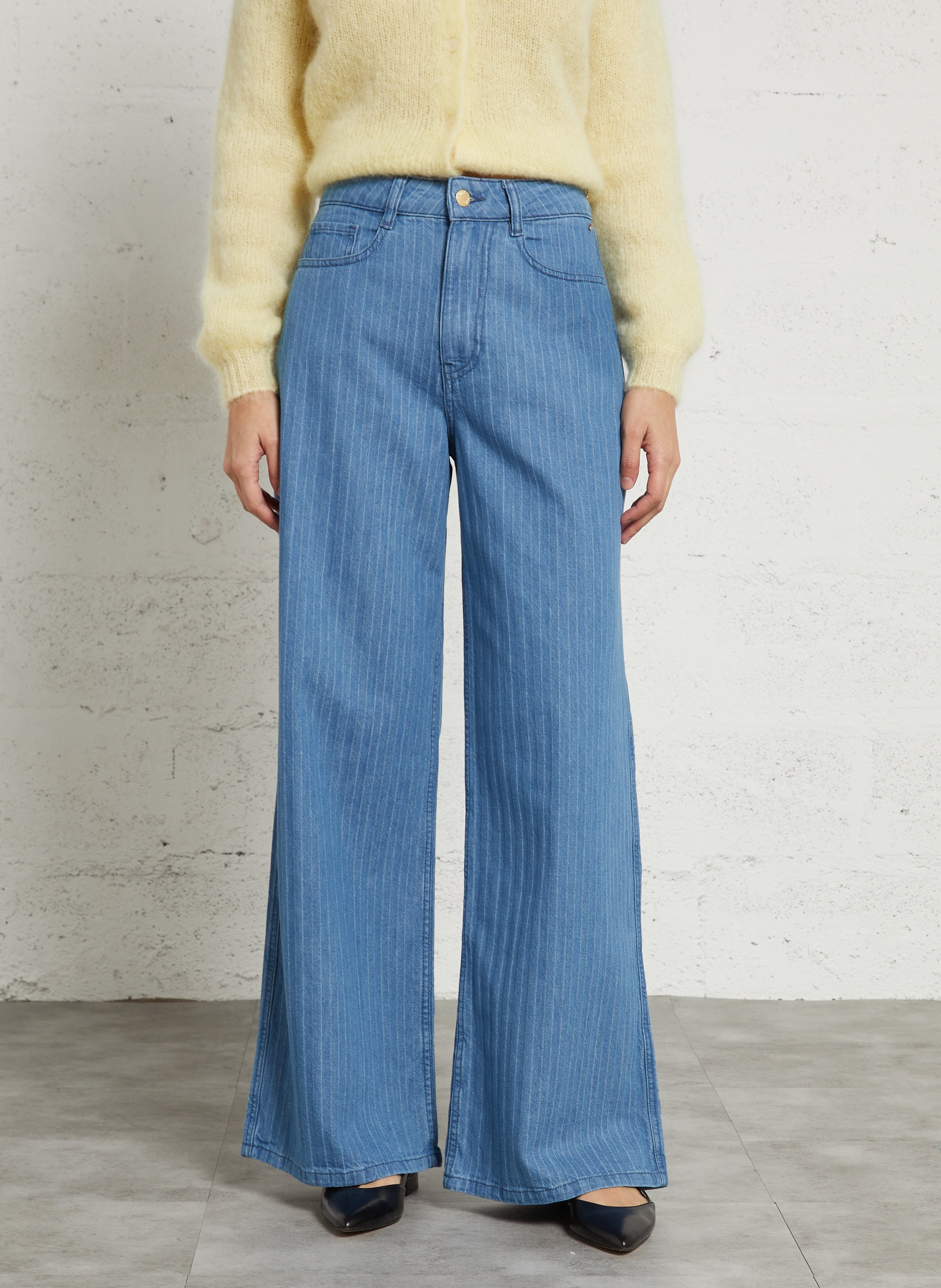 Jean large taille haute rayures fines DES PETITS HAUTS Bleu