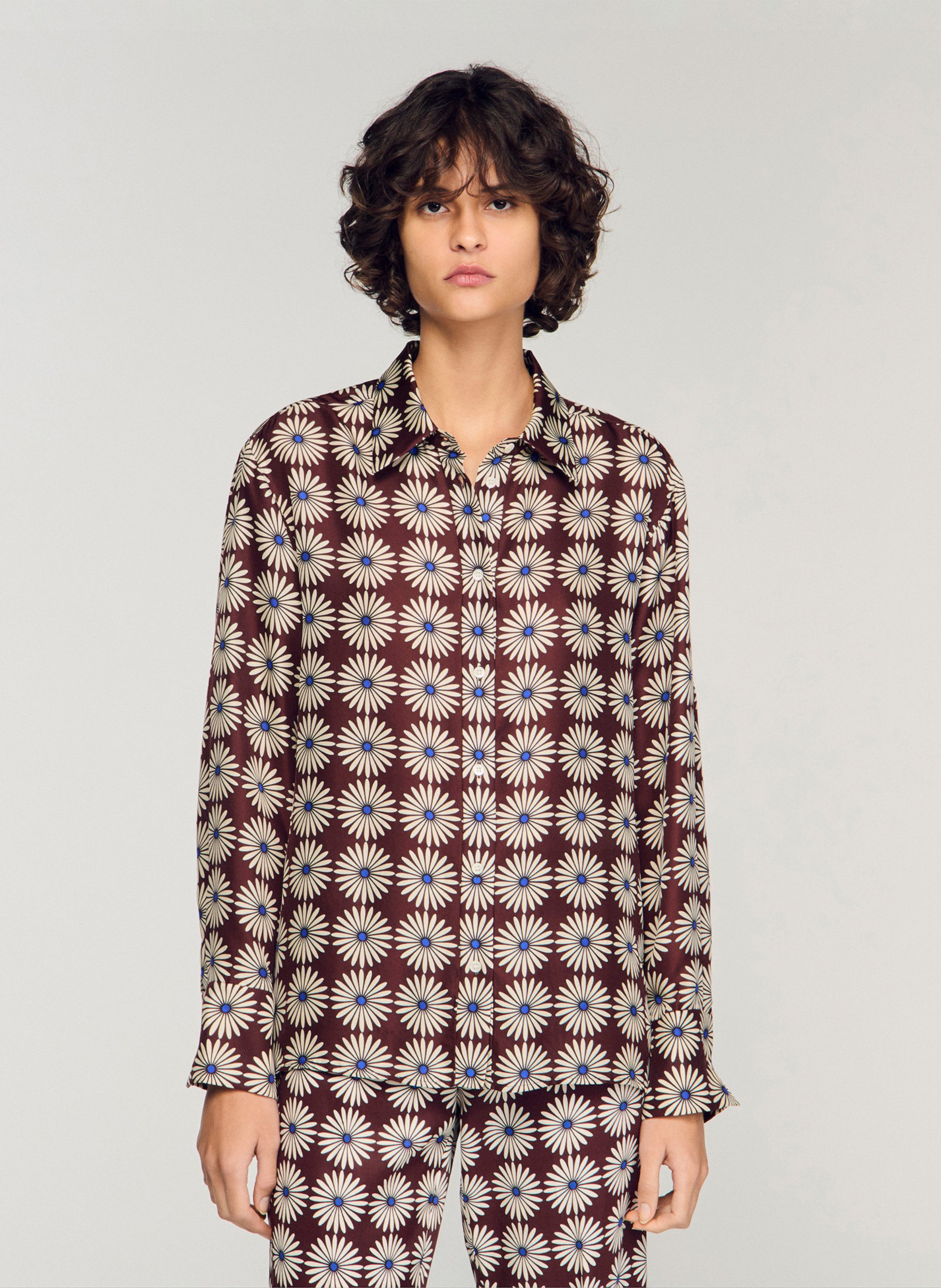 Chemise droite fleurie en soie SANDRO Bruin