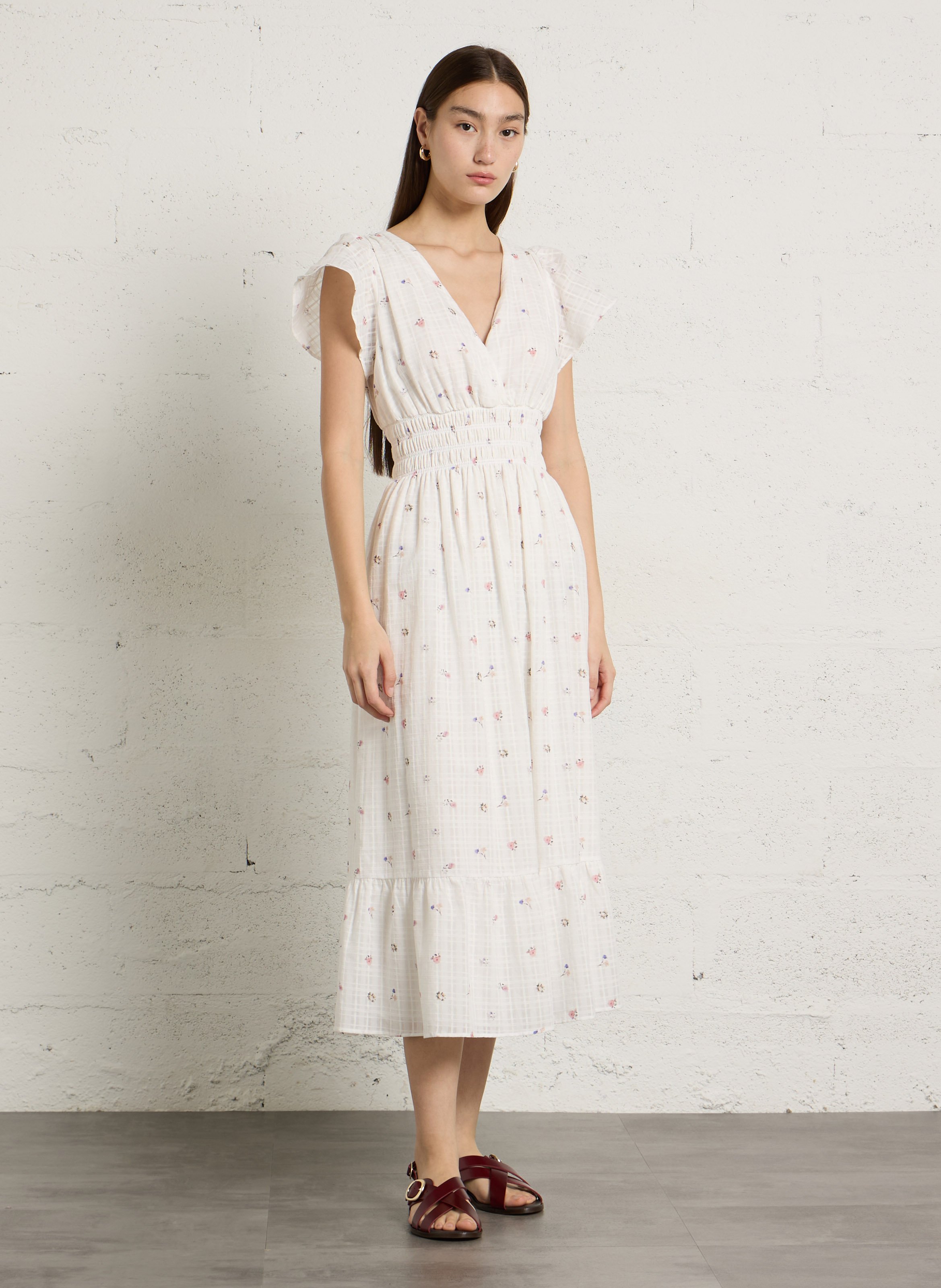 Midi-Kleid mit V-Ausschnitt aus bedruckter Baumwolle BERENICE Weiss