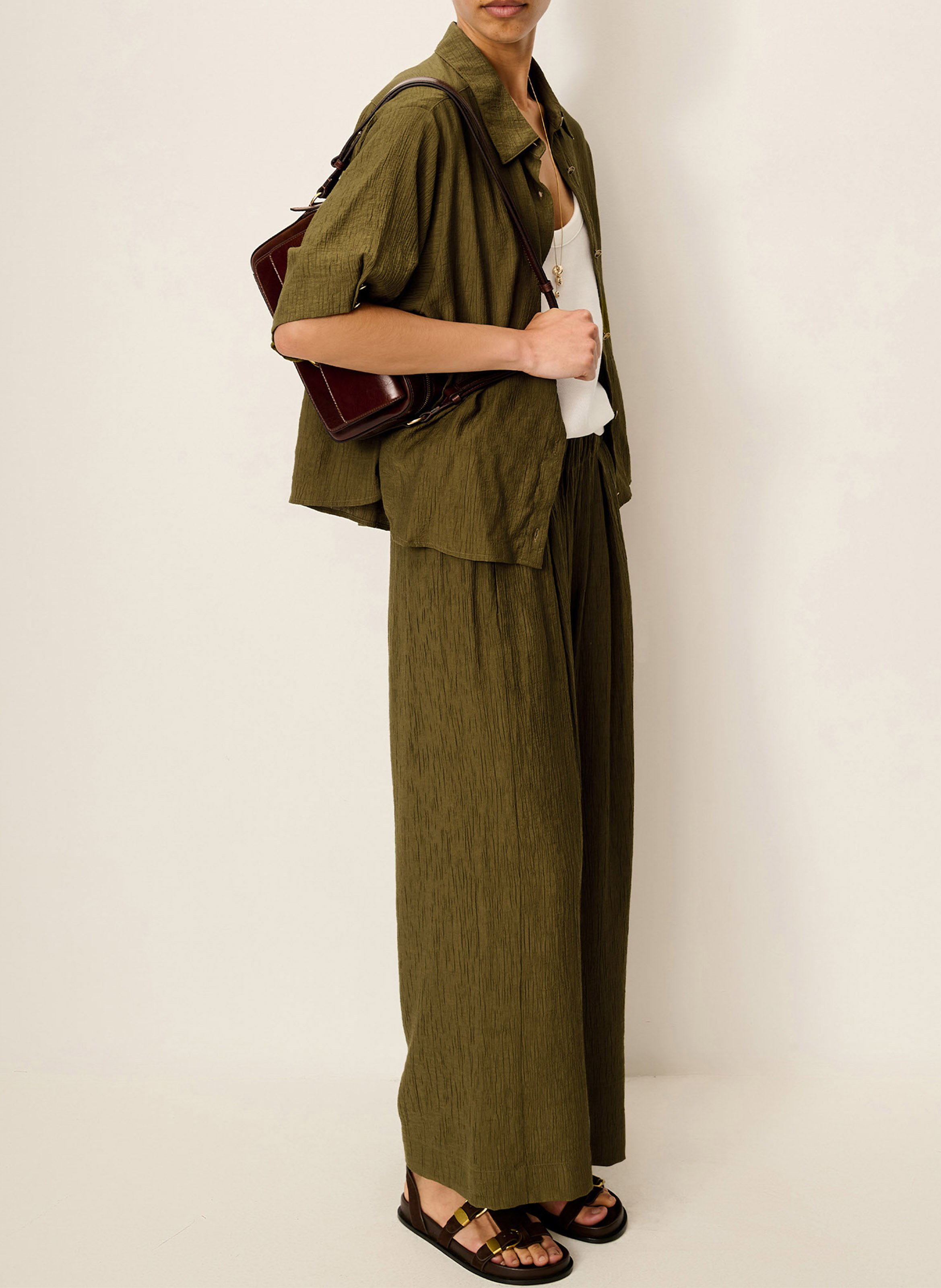 Weite 7/8-Hose aus antikem feinem Leinengewebe SESSUN Khaki