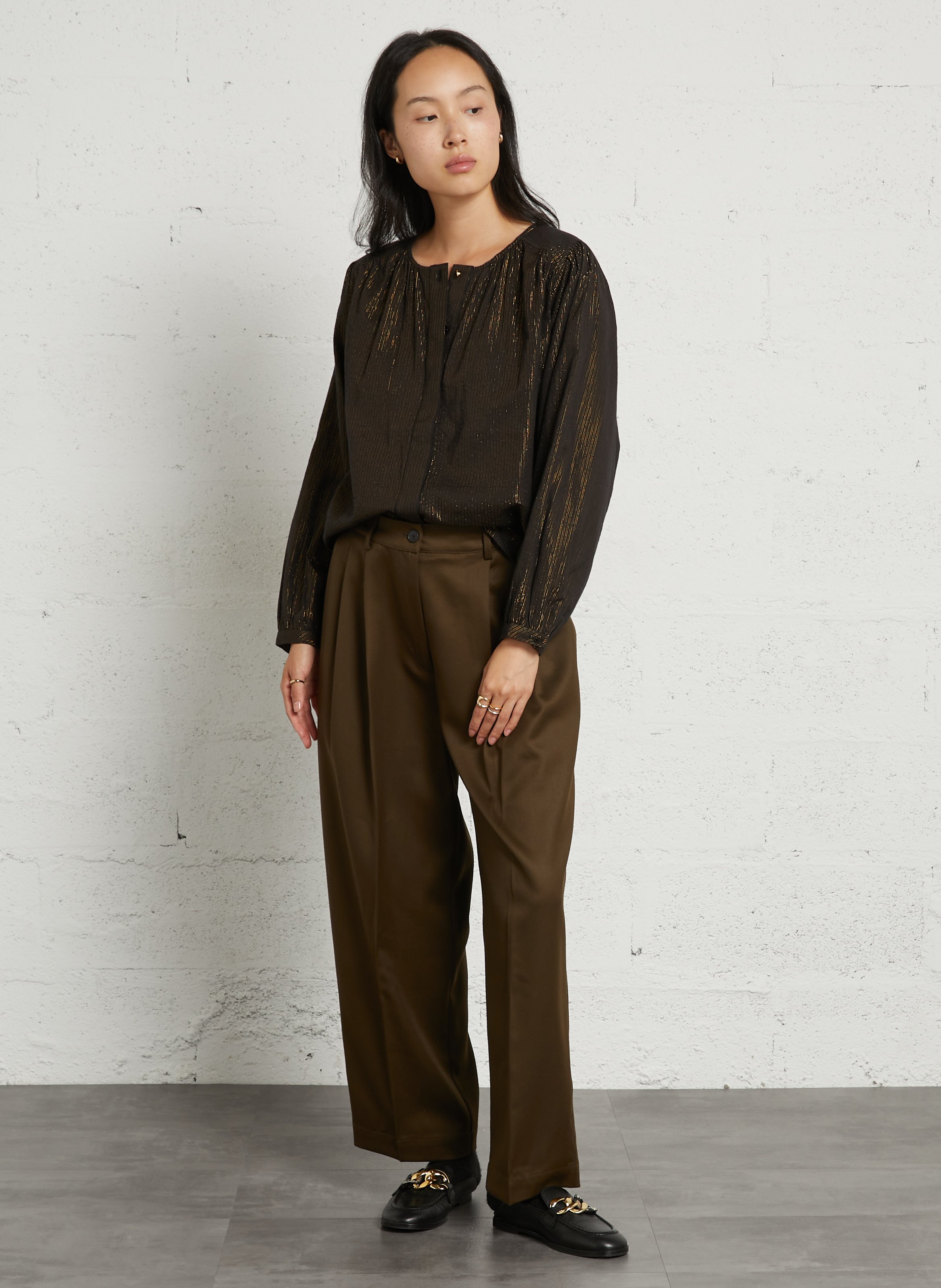 Striped iridescent cotton blend blouse LEON & HARPER Black