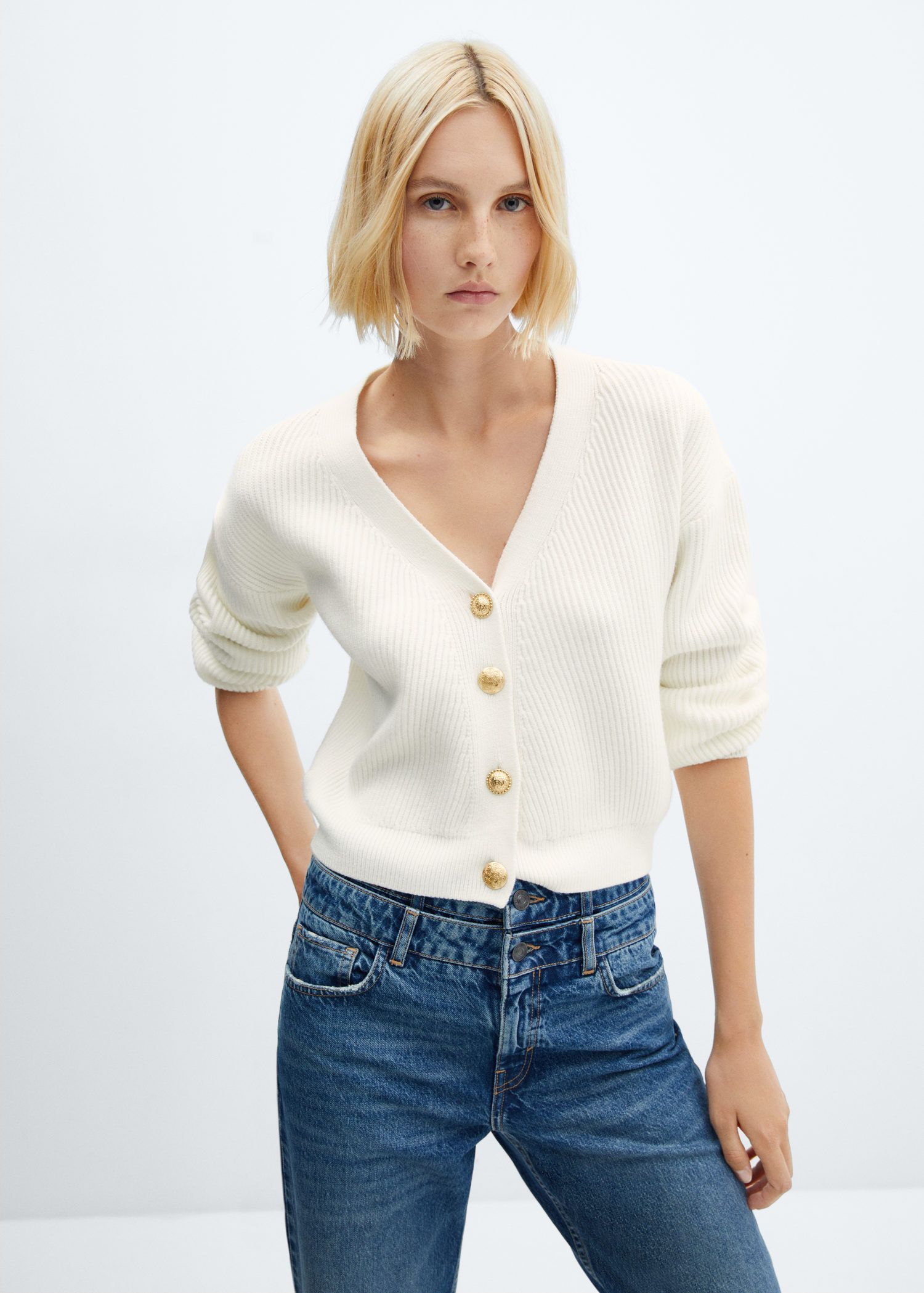 Cardigan droit col V en maille c tel e Blanc