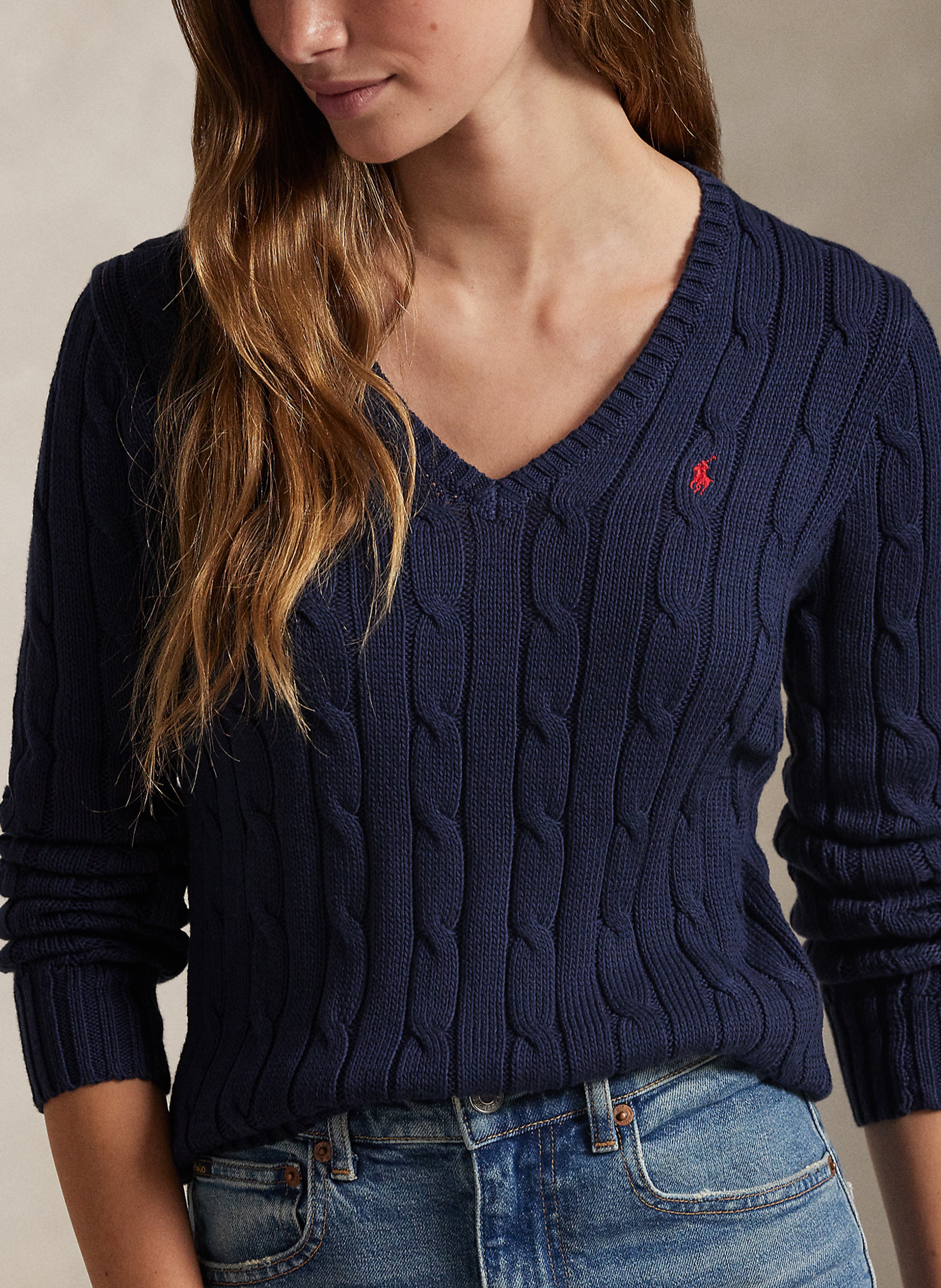 Pull col V en maille tressée en coton POLO RALPH LAUREN Bleu