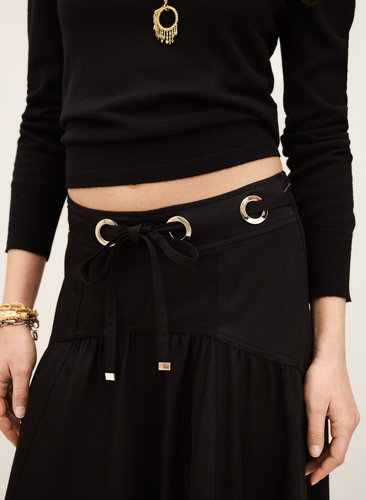 Jupe longue évasée unie à œillets BA&SH Noir