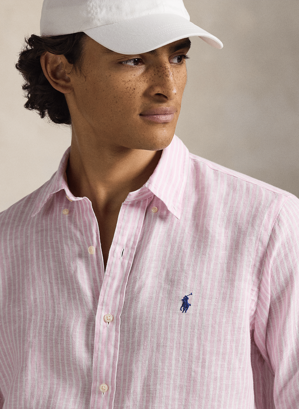 Camisa recta cuello clásico de lino a rayas POLO RALPH LAUREN Rosa