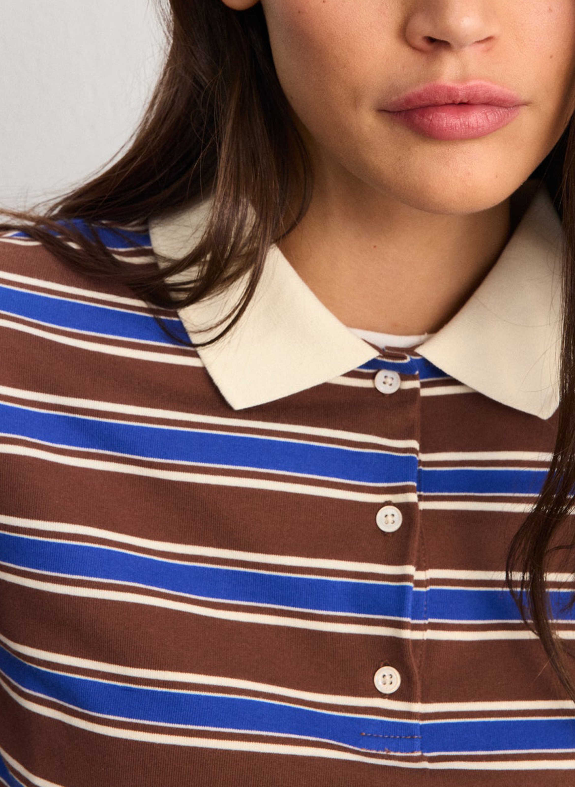 Rechte polo van gestreepte gemengde katoen Bruin