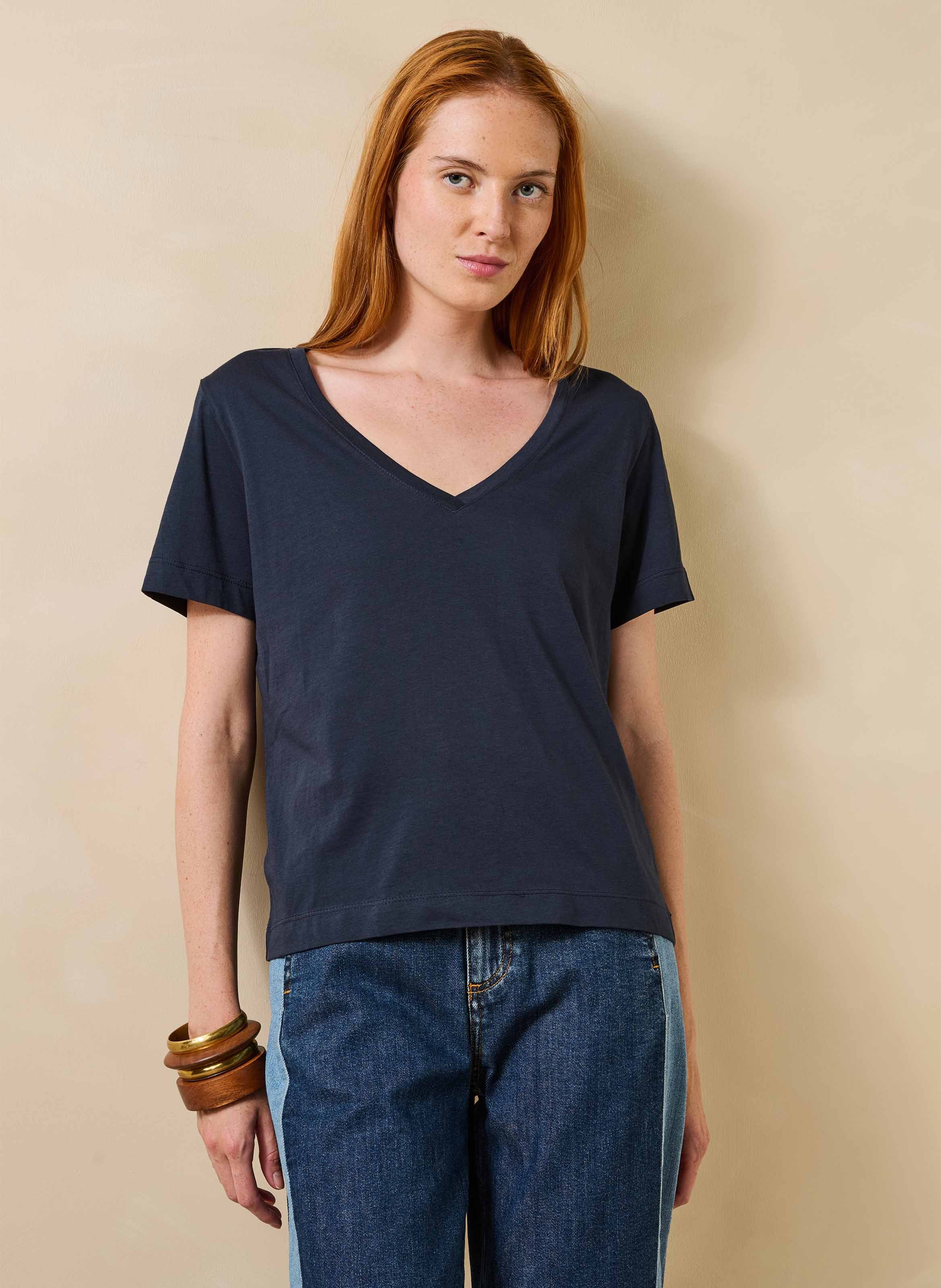 Straight organic cotton V-neck T-shirt LA FEE MARABOUTEE Blue