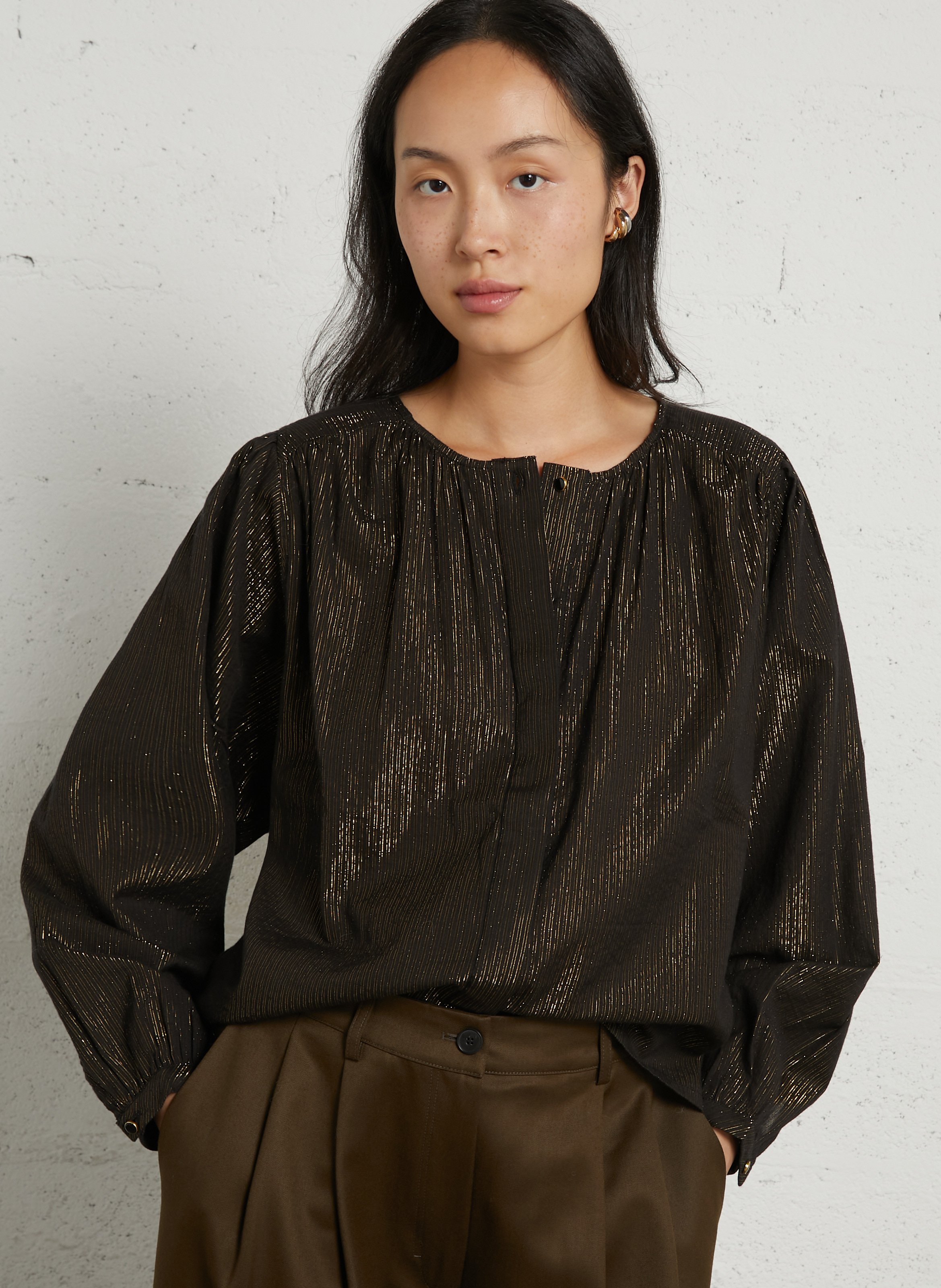 Striped iridescent cotton blend blouse LEON & HARPER Black