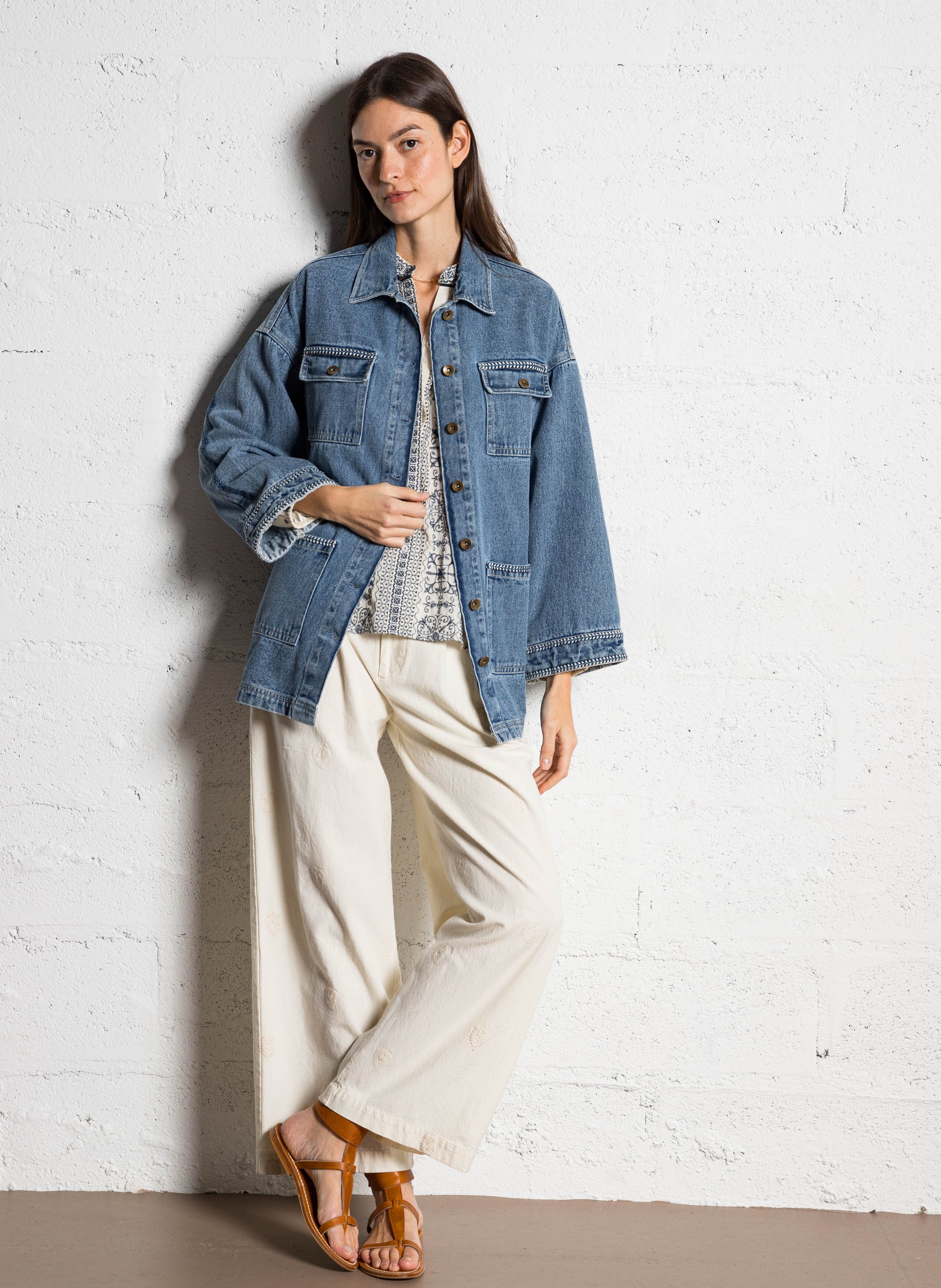 Wide-leg embroidered cotton pants MAISON HOTEL White