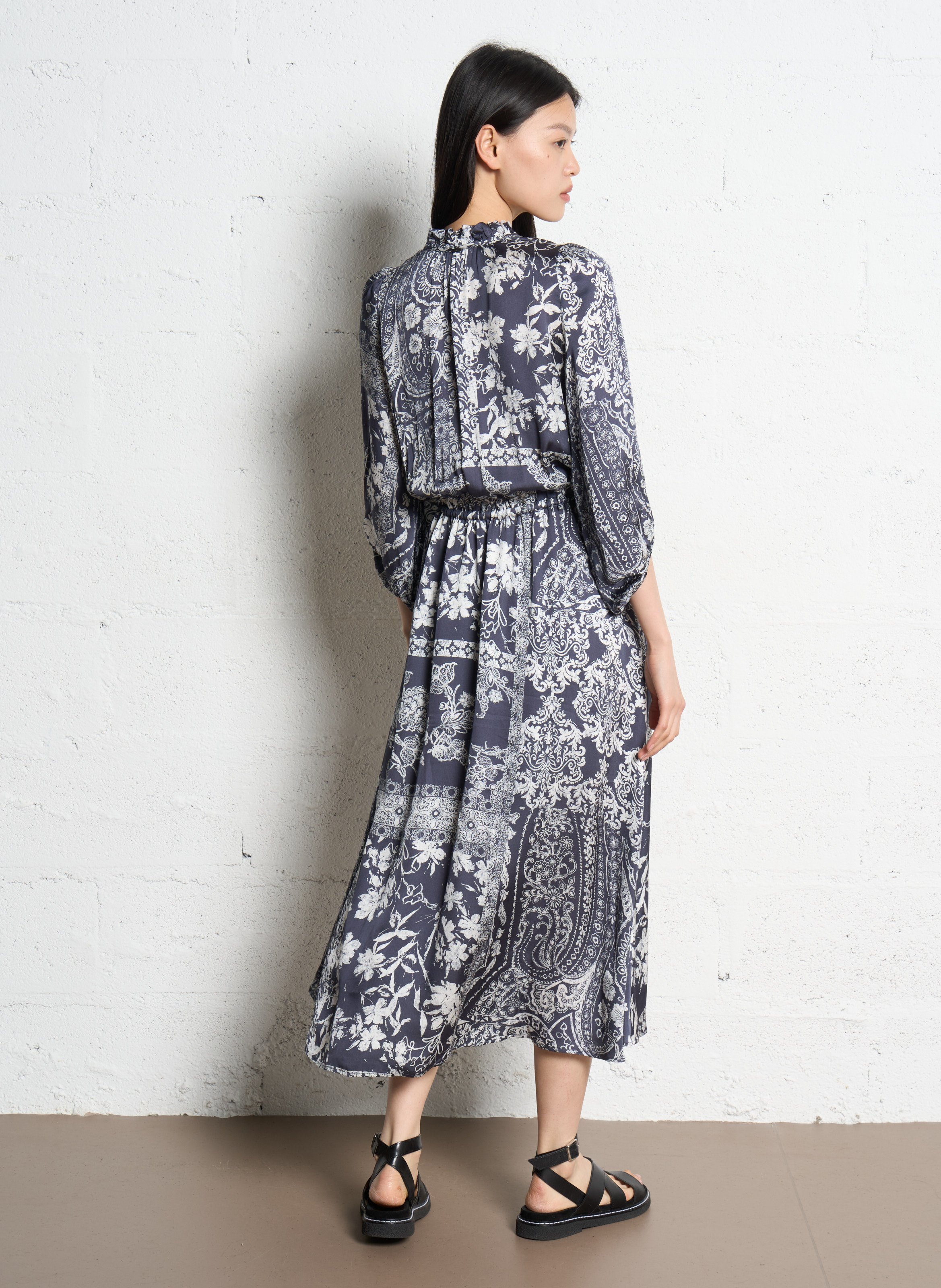 Robe longue col victorien à imprimé floral IKKS Bleu