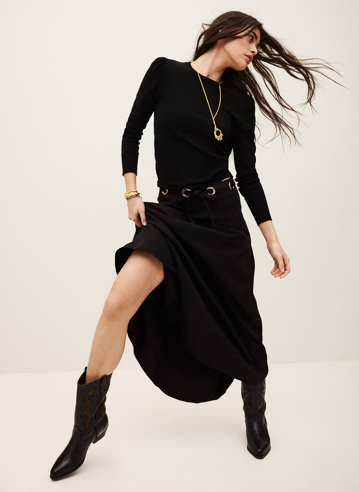 Jupe longue évasée unie à œillets BA&SH Noir