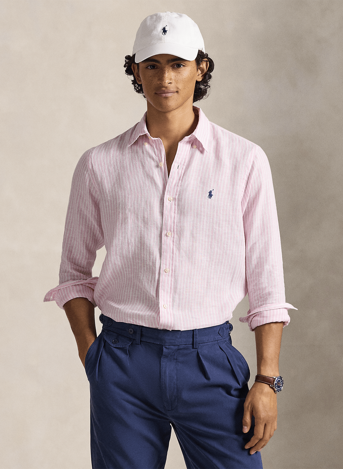 Camisa recta cuello clásico de lino a rayas POLO RALPH LAUREN Rosa