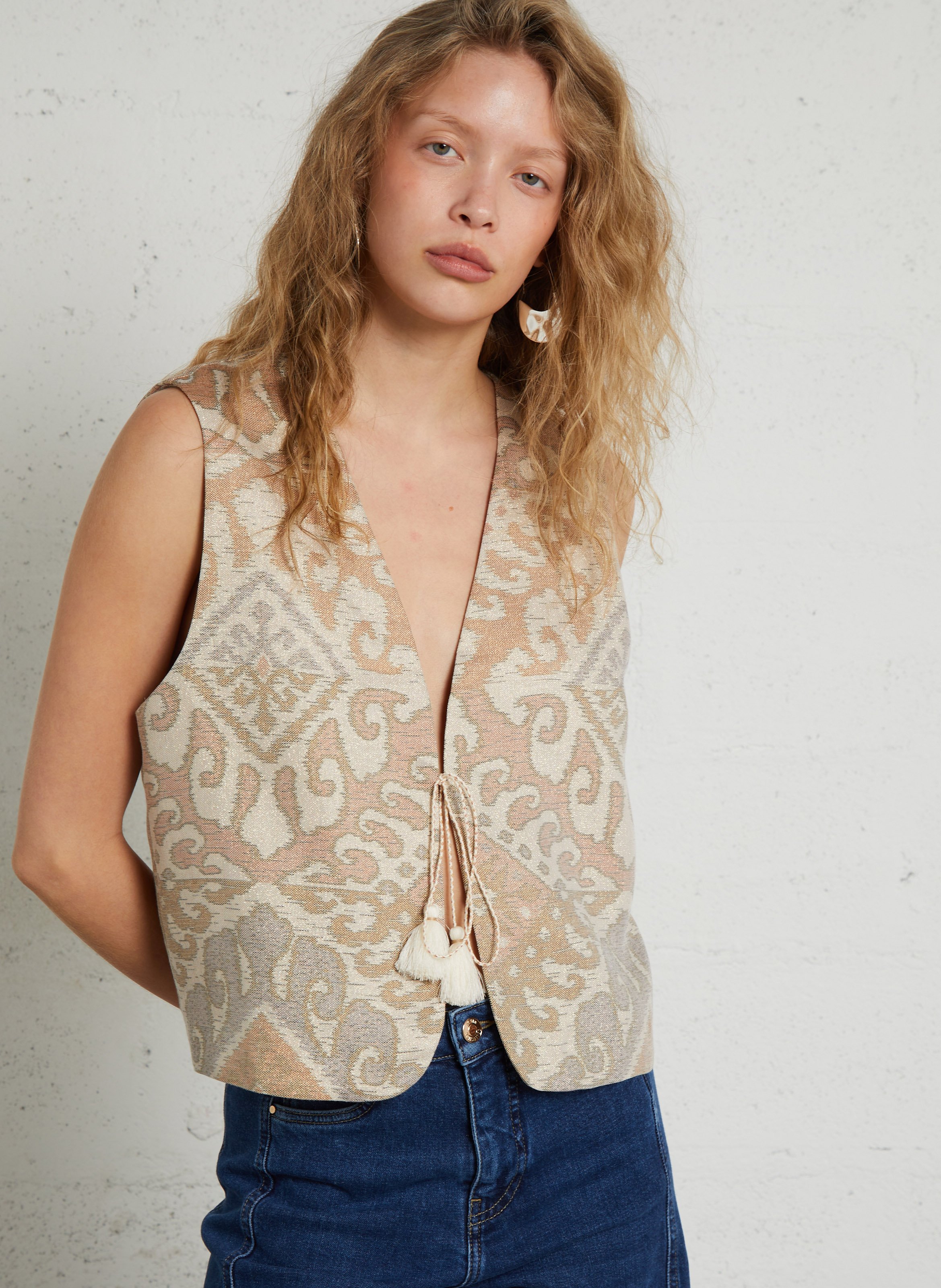 Gimet straight V-neck printed dress SEE U SOON Beige