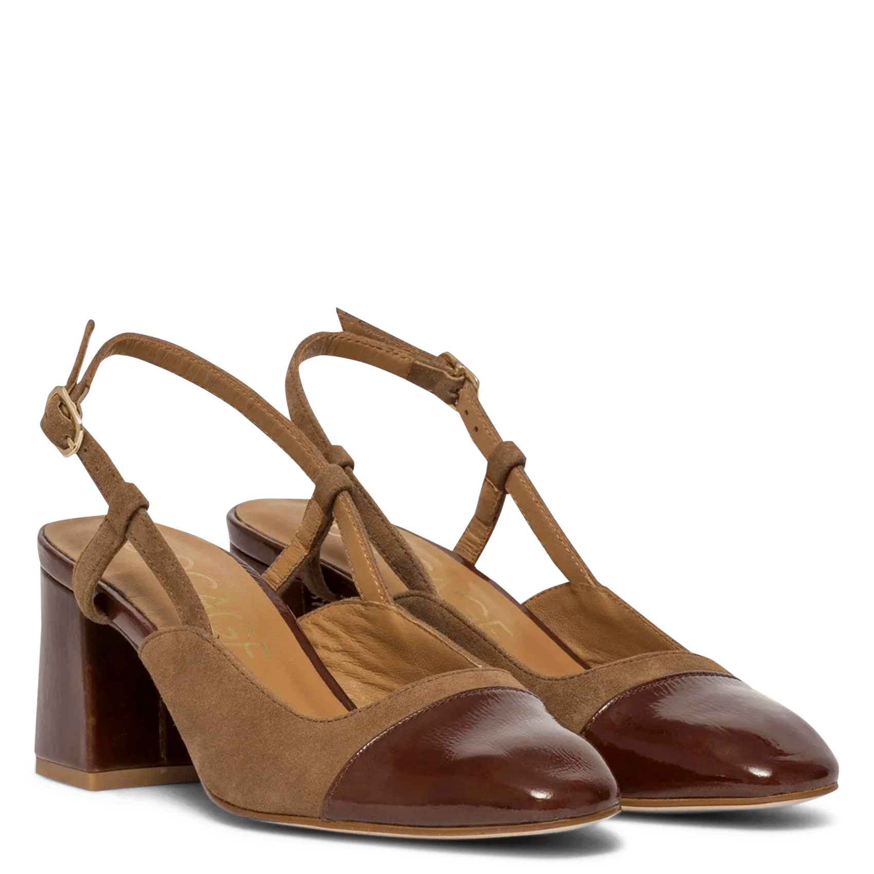 Open-toe patent leather pumps Brown