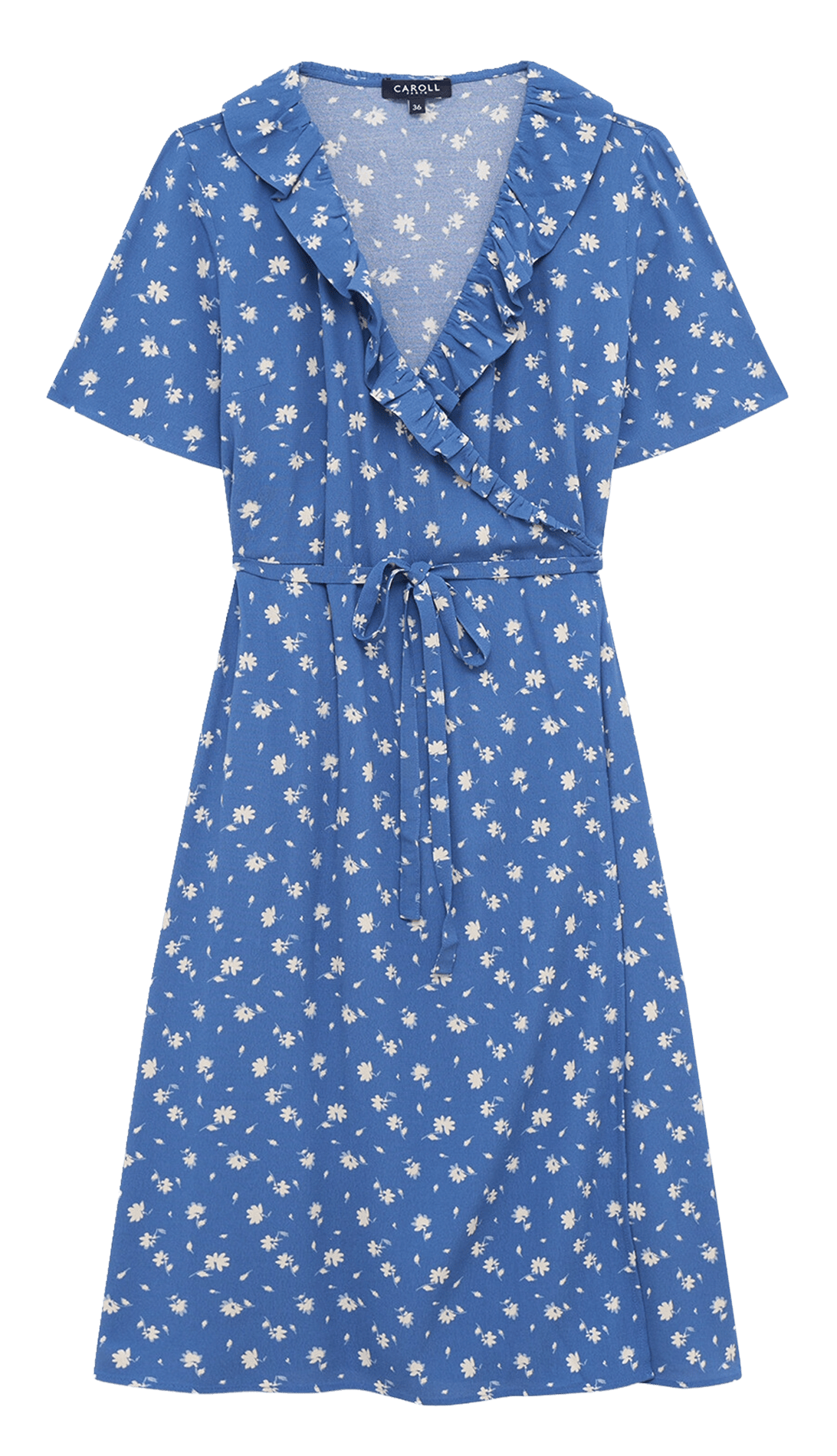 Robe midi col V à pois CAROLL Bleu