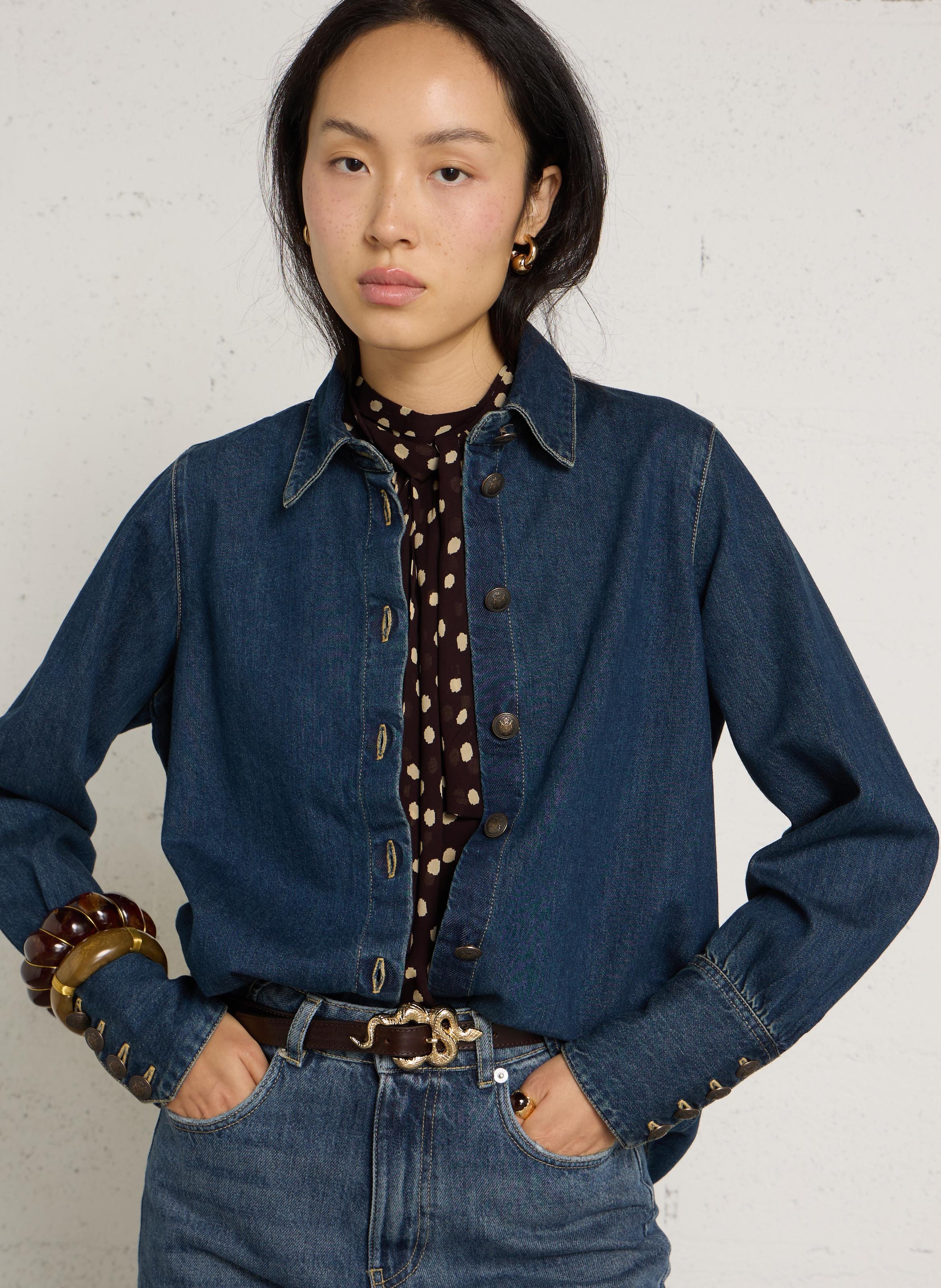 Chemise droite denim en coton IKKS Bleu