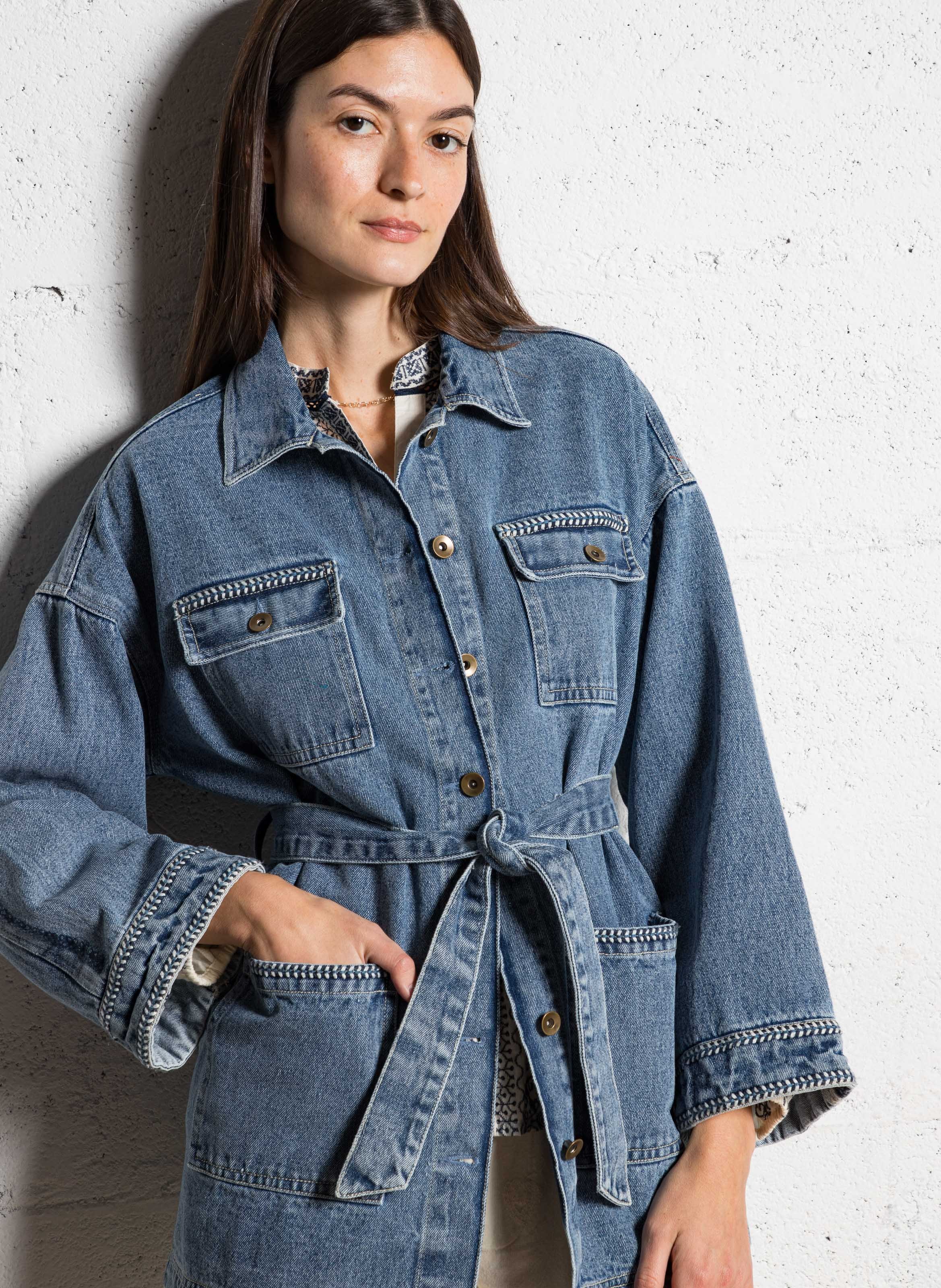 ジャケット・アウター New Classic Belted Denim Jacket KAREN MILLEN Belted Denim Western Jacket in Indigo | endource