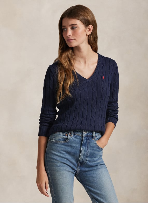 Gebreide trui met v-Hals en vlechtachtig kabelpatroon Blauw Polo