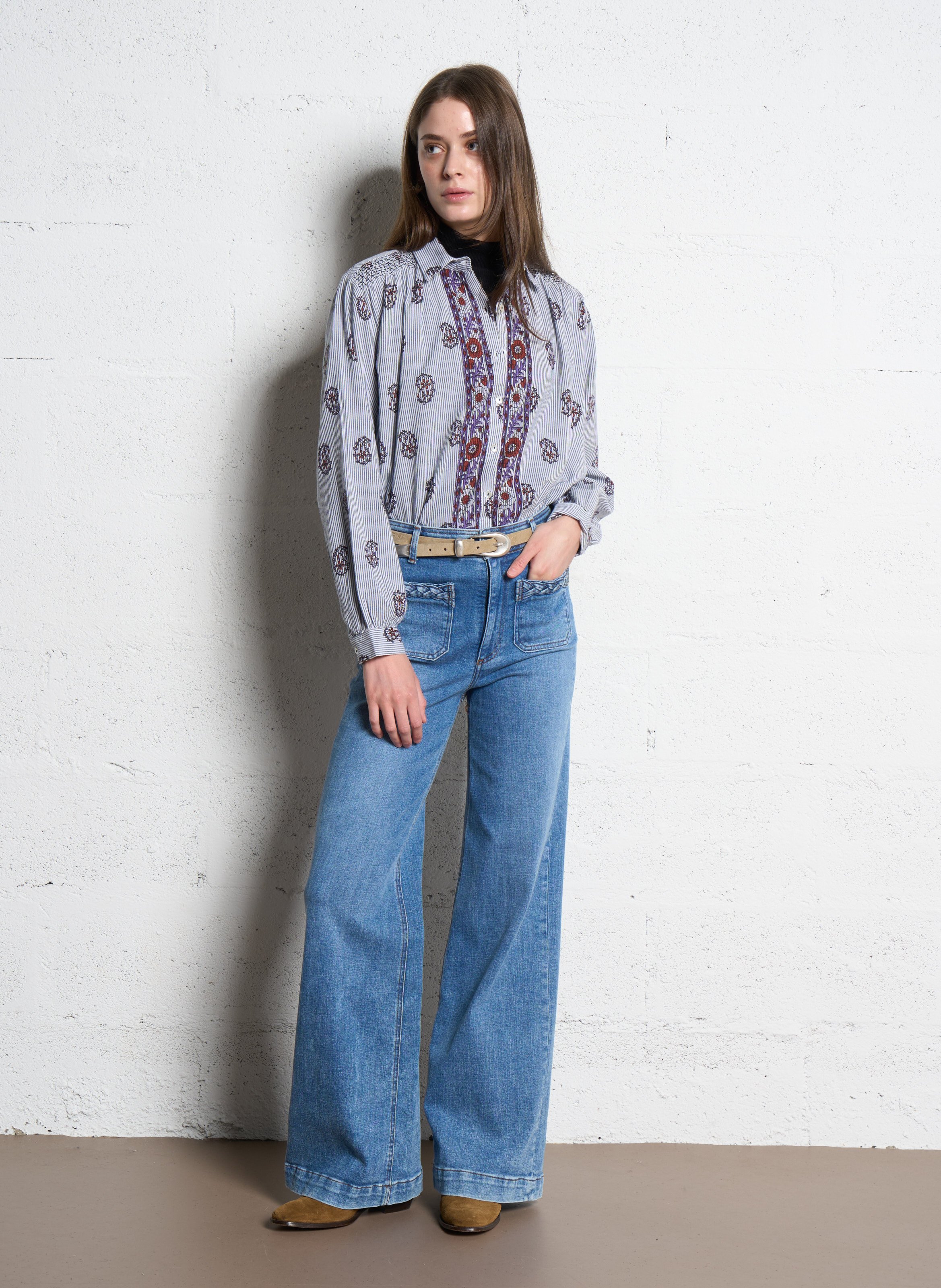 Chemise col classique manches contrastantes en coton MAISON HOTEL Blue