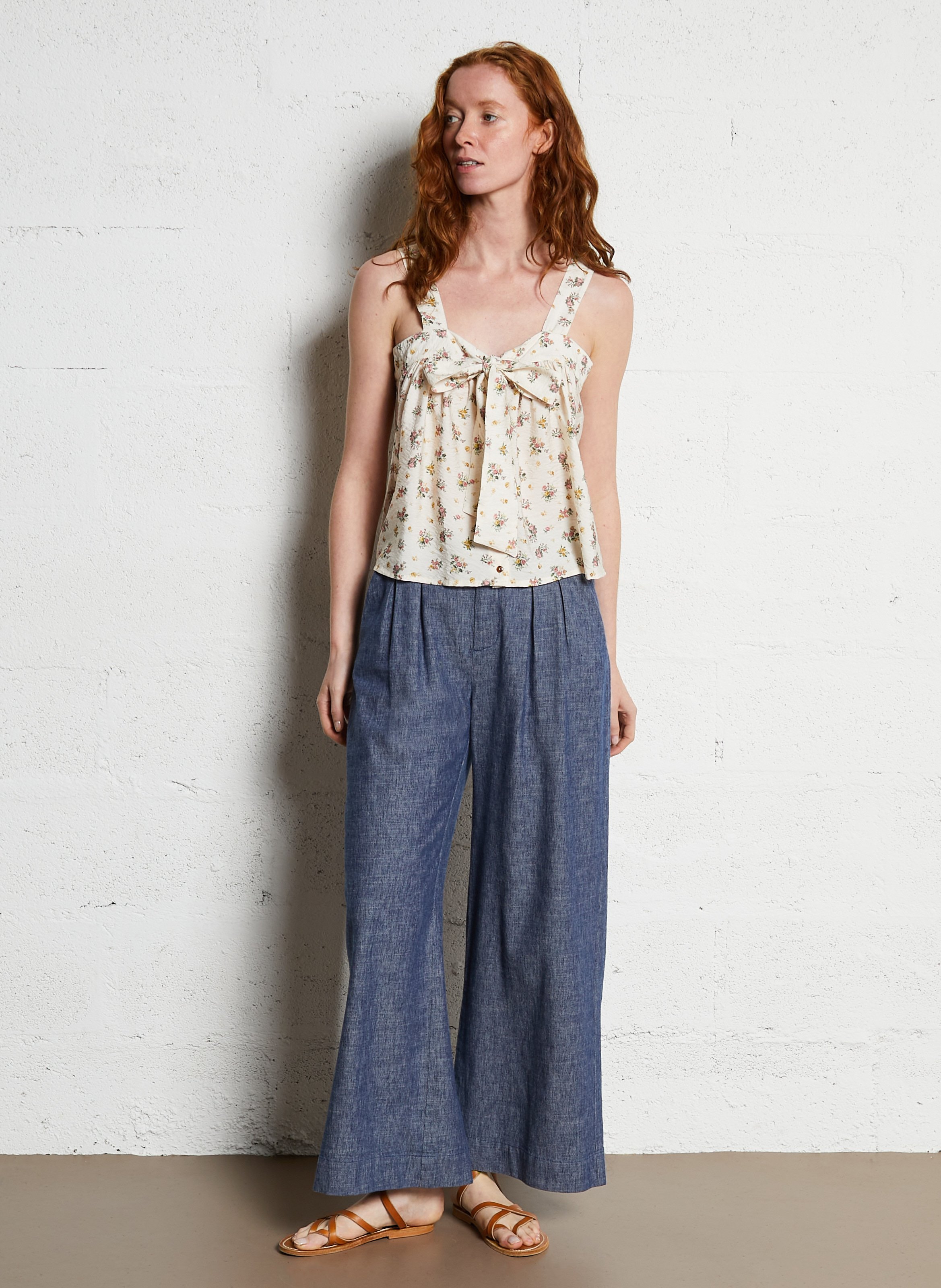 Pantalon large en coton mélangé Bleu