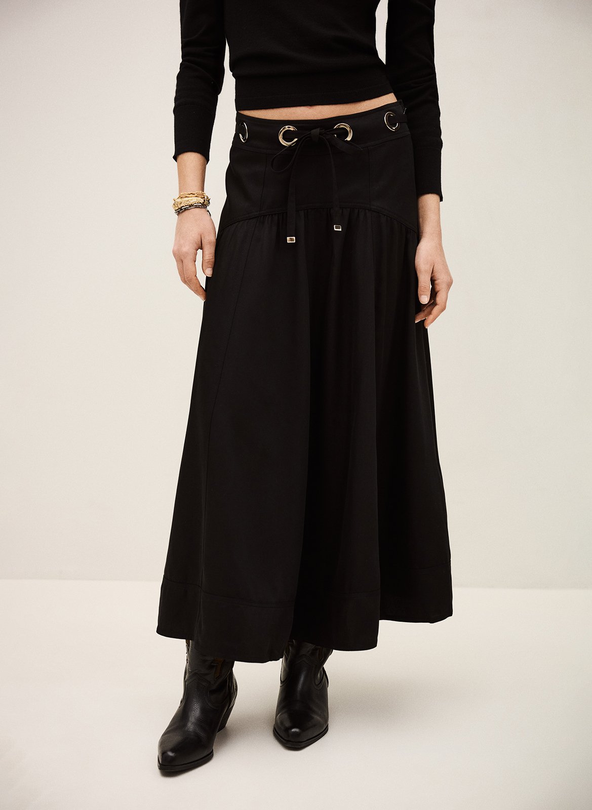 Jupe longue évasée unie à œillets BA&SH Noir