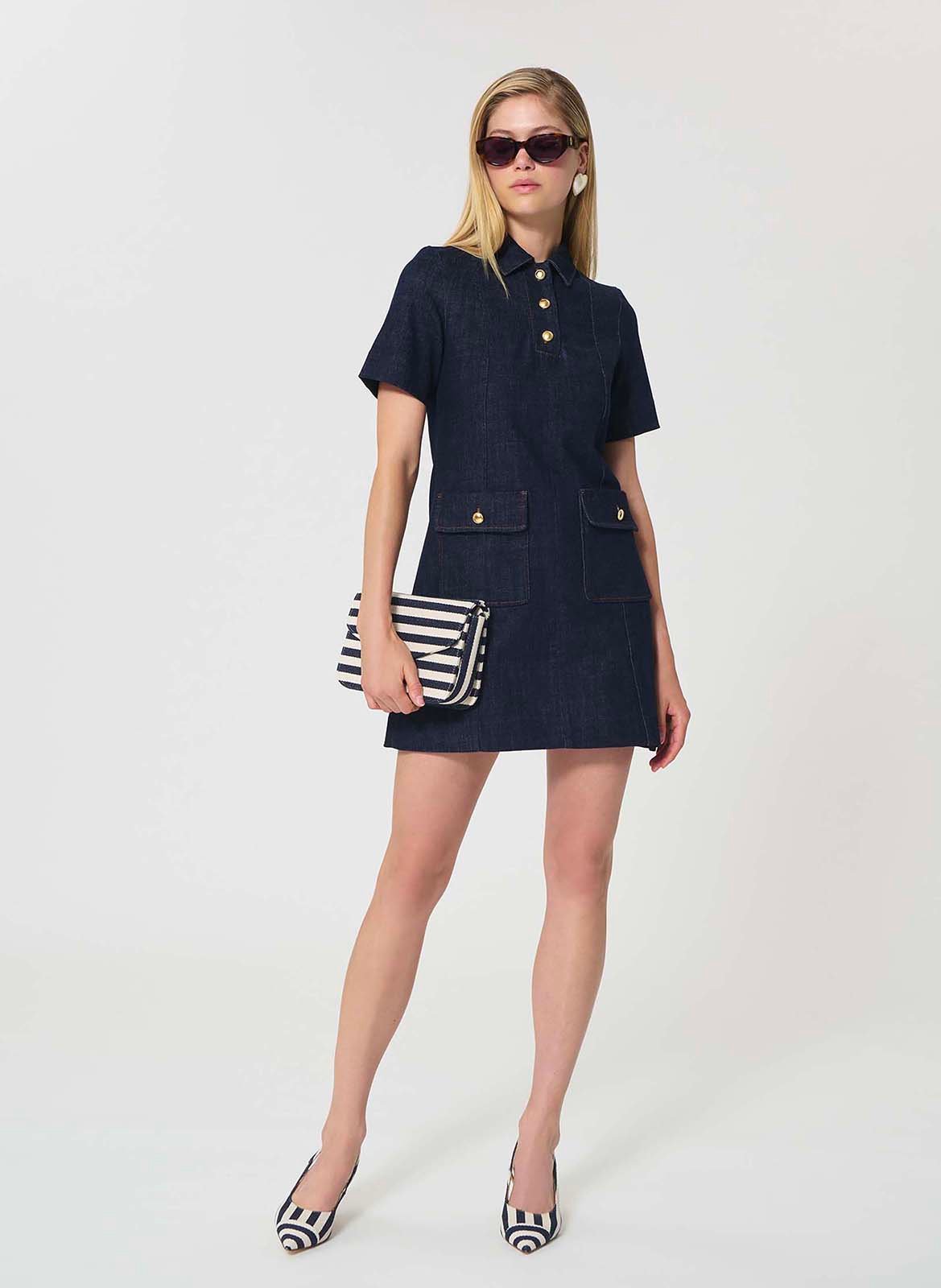 A-line dress with classic collar in raw denim TARA JARMON Blue
