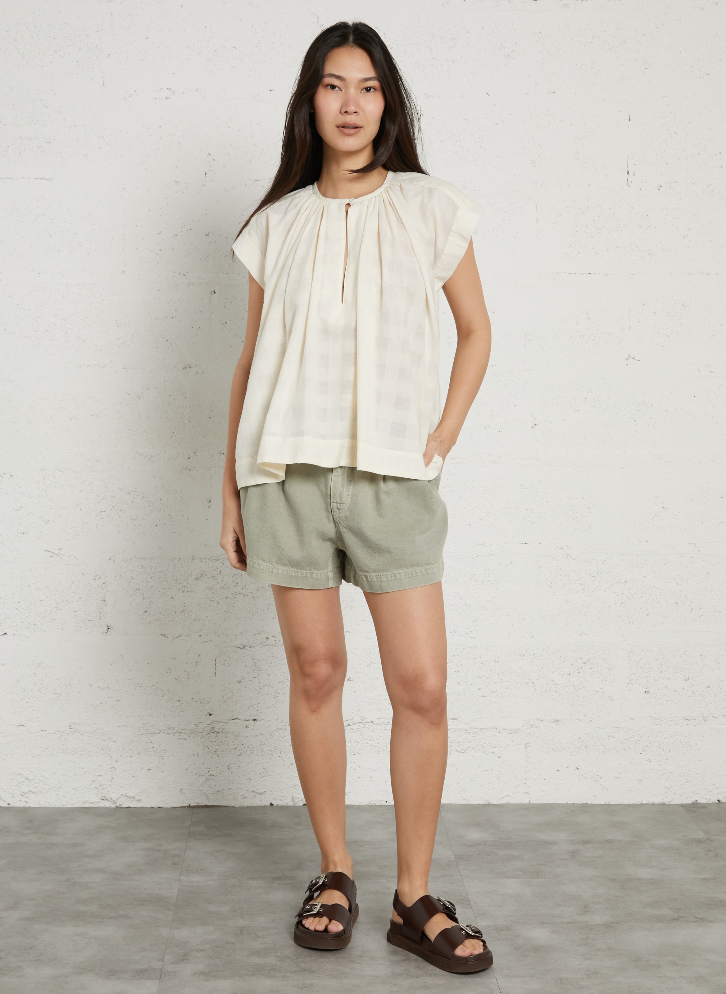 Blouse ample sans manches à carreaux BELLEPIECE Beige