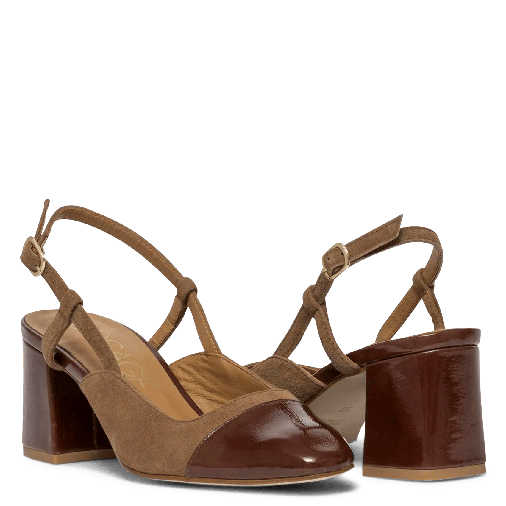 Open-toe patent leather pumps Brown