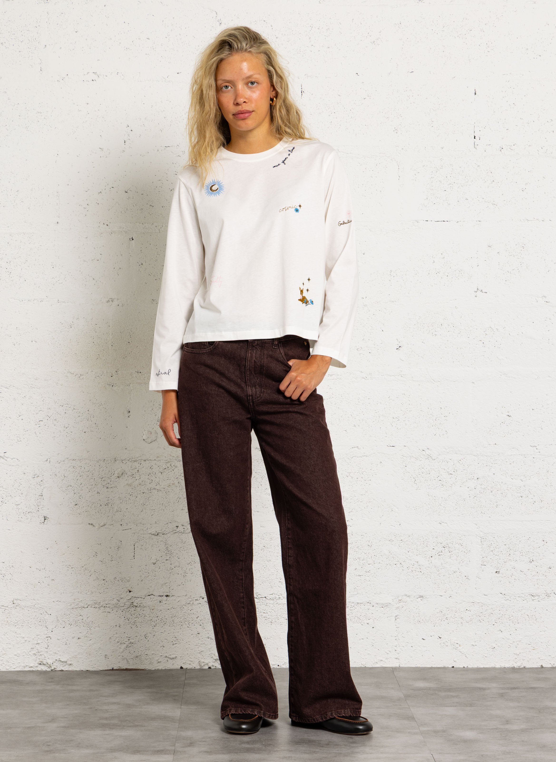 Tee-shirt droit col rond en coton imprimé DES PETITS HAUTS Beige