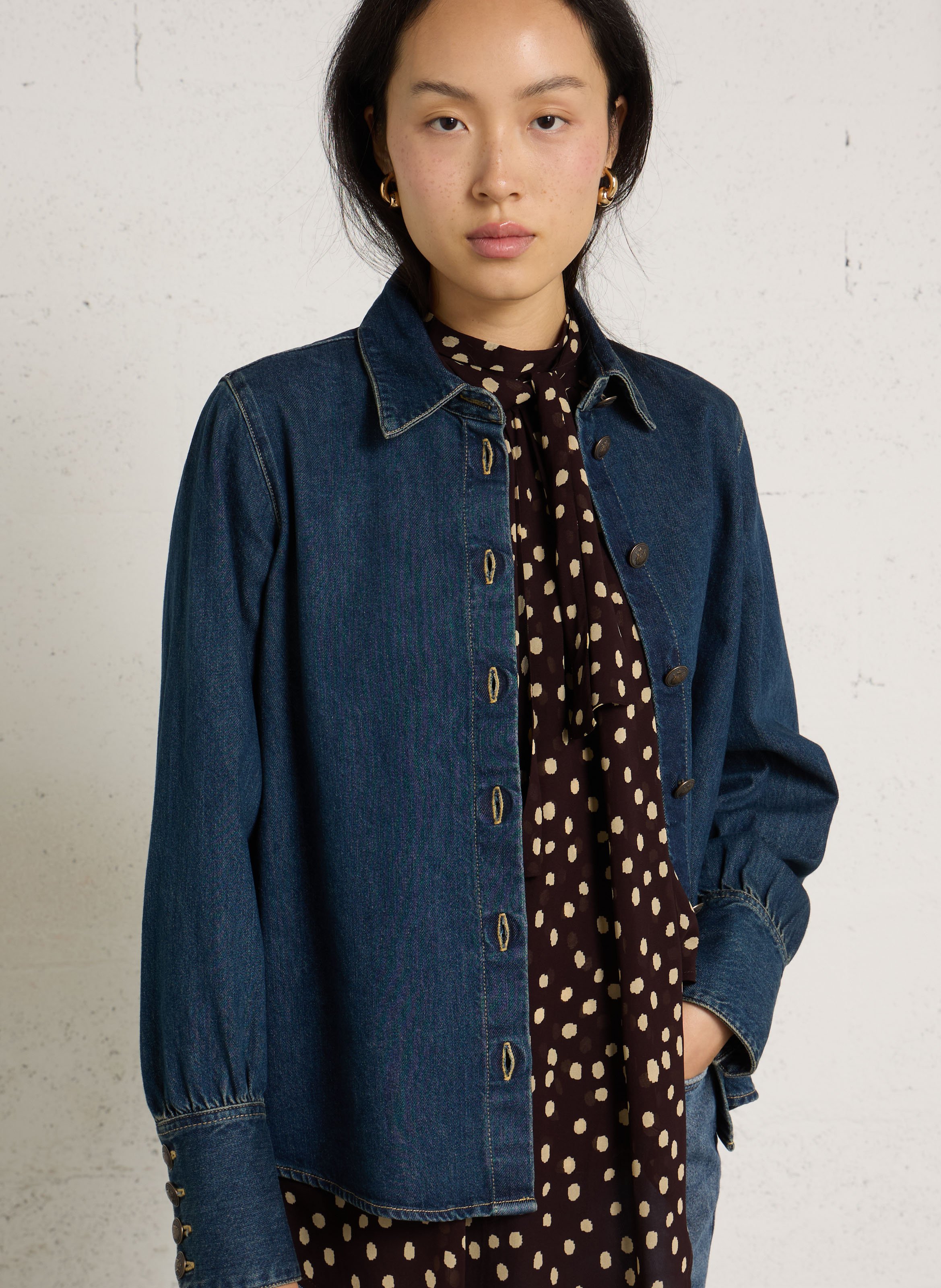 Chemise droite denim en coton IKKS Bleu