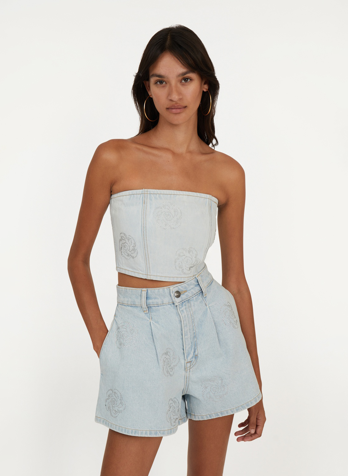 Short large en denim de coton ROTATE Bleu