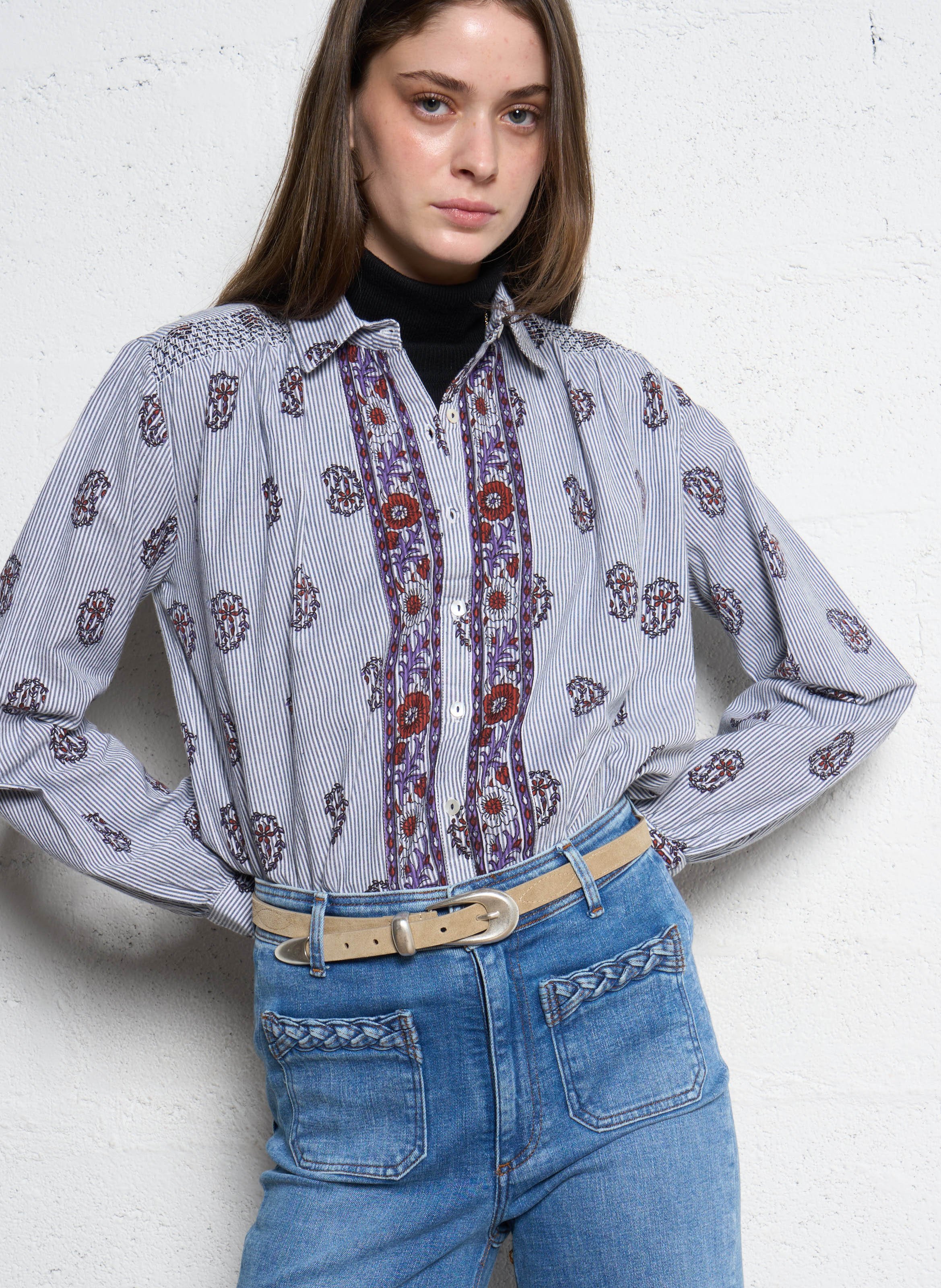 Chemise col classique manches contrastantes en coton MAISON HOTEL Blue