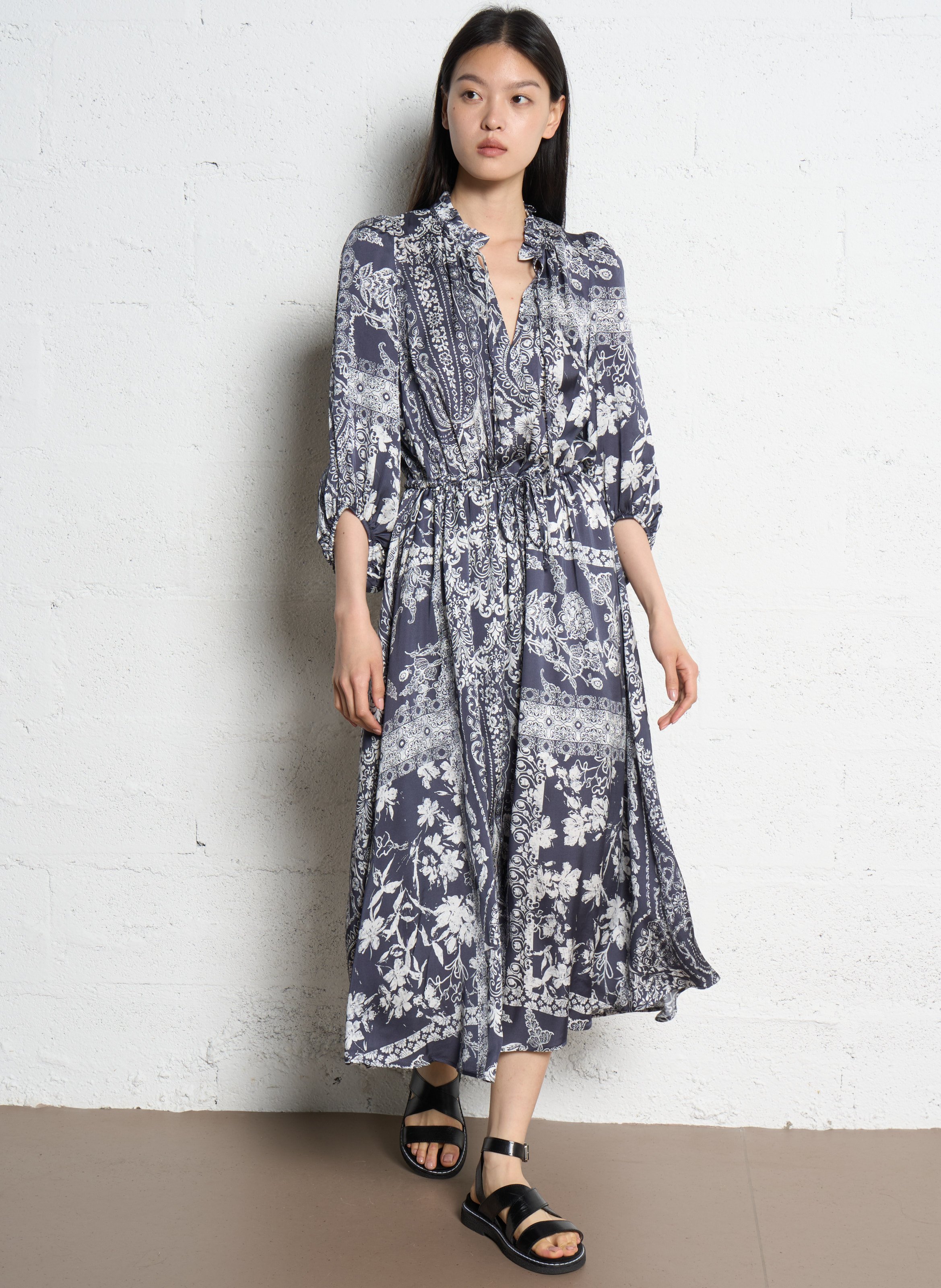 Robe longue col victorien à imprimé floral IKKS Bleu