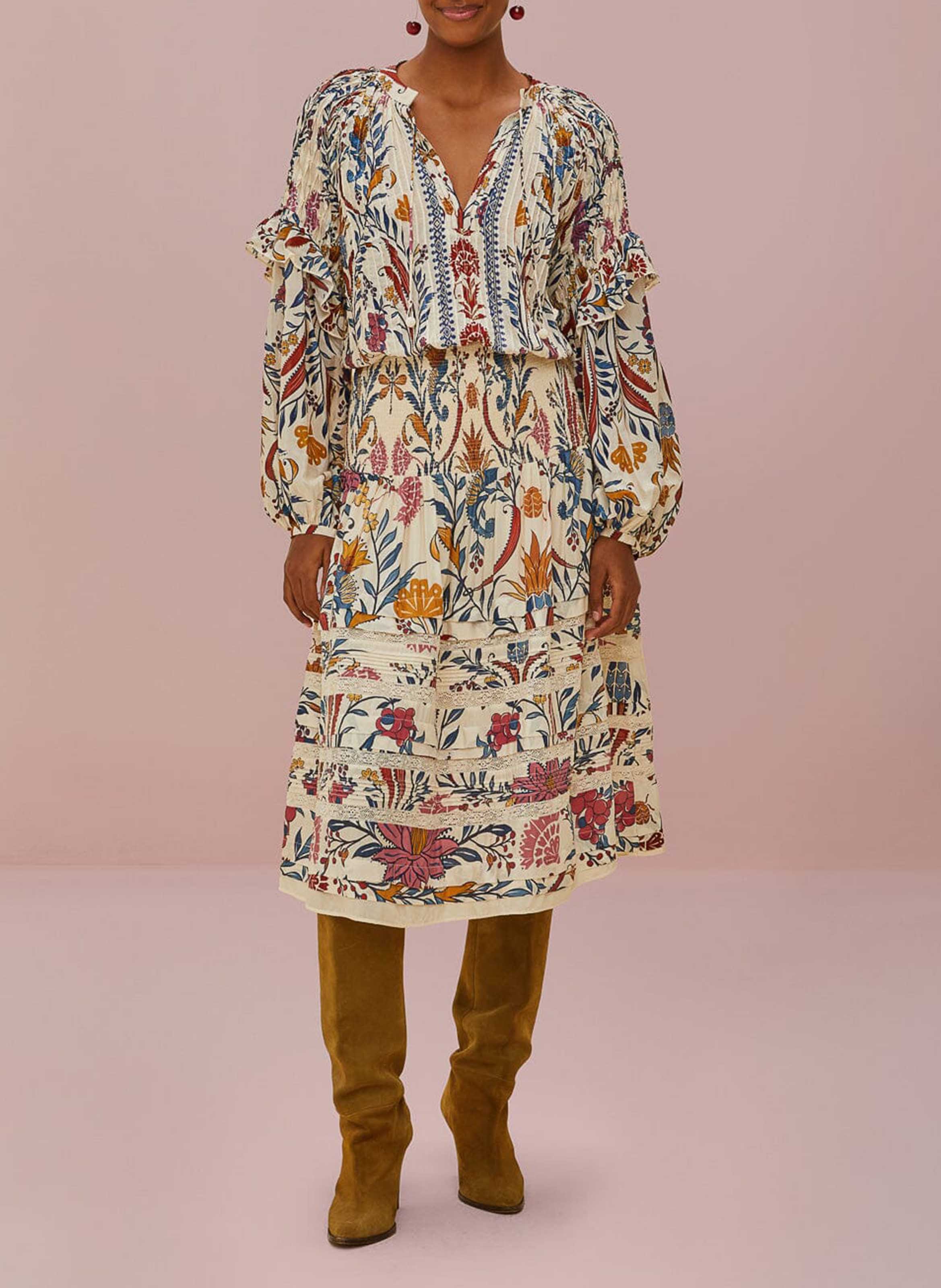 Printed cotton-blend midi skirt FARM RIO Beige