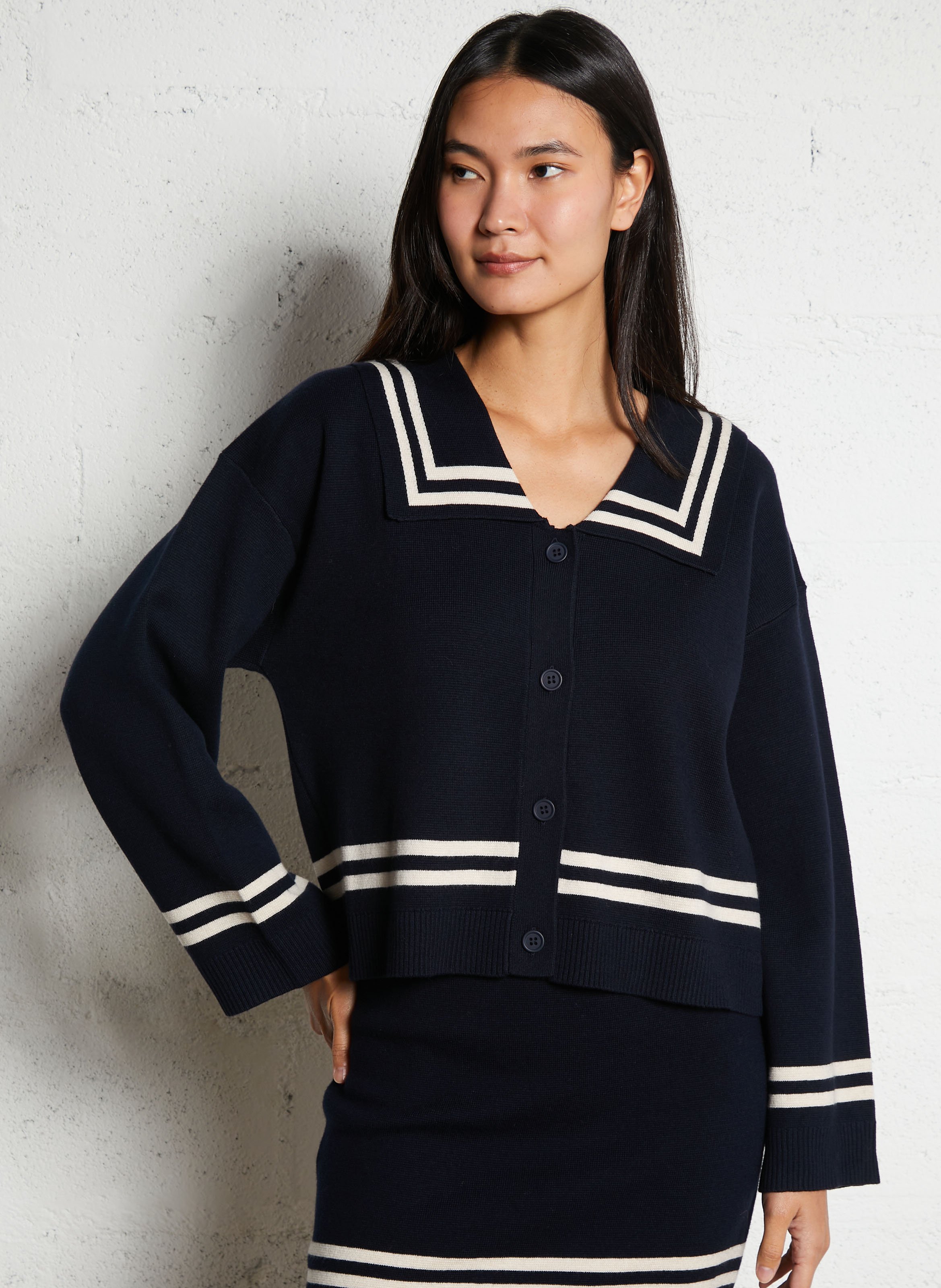 Buttoned cardigan with striped detail in a mixed wool blend THE TINY BIG SISTER Blue