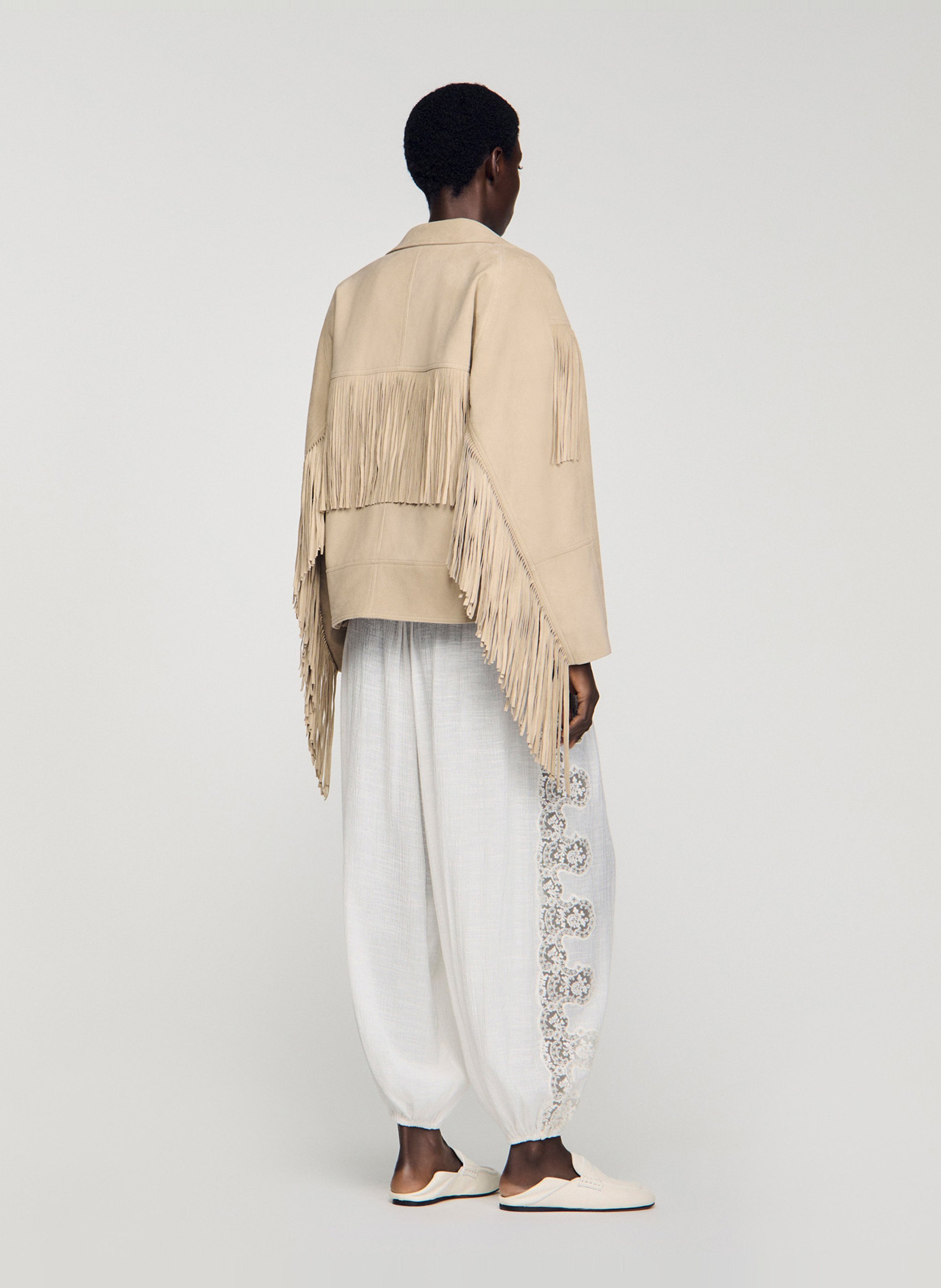 Blouson oversize à franges en suède  SANDRO Beige