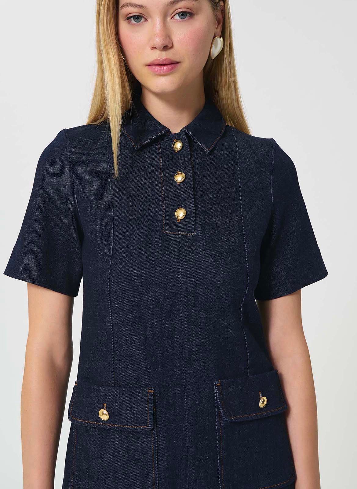 A-line dress with classic collar in raw denim TARA JARMON Blue